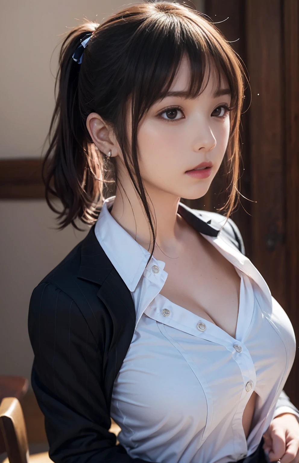 high resolusion, ultrasharp, 8k, obra maestra, hu tao, schoolwear, tetas medianasy sexys, perfil, llorando, pecho desnudo, lenceria de encaje, de rodillas