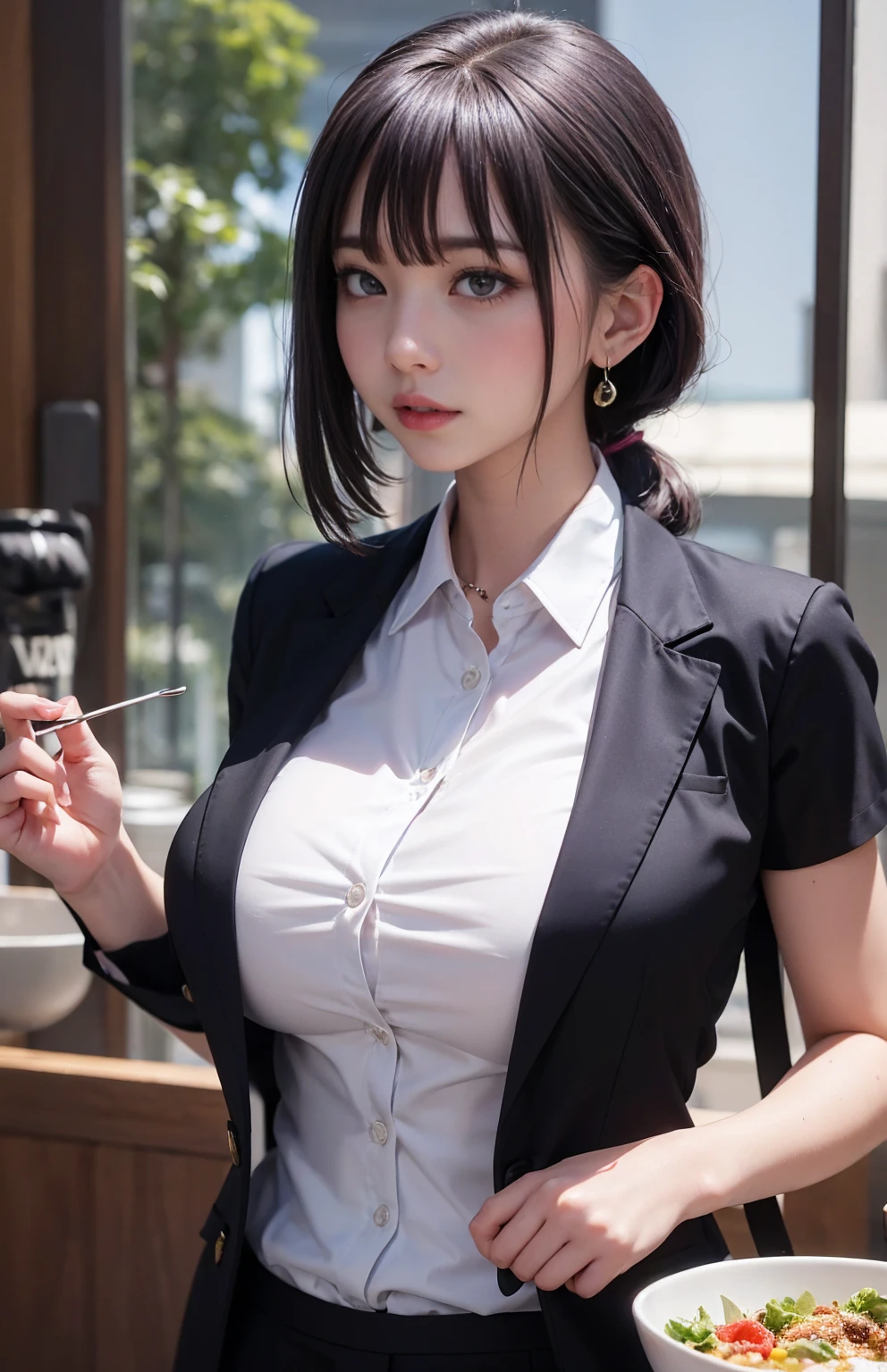 (Raw photo, top-quality), (Realistic, Photorealsitic:1.3), masutepiece, Extremely delicate and beautiful, Very detailed, nffsw, harmony , 2k wallpaper, Marvel, finely detail, lightsmile, Very detailed. AJC Unity 8K wallpapers, Huge file size, ultra-detailliert, hight resolution, Absurd, Soft light, (((Short Hair Hair:1.3), short bang, Silver-haired, Floating Hair NovaFrogStyle)), Beautiful detailed girl, Detailed fingers, Very detailed eyes and face, beautiful detailed nose, Beautiful detail eyes, long eyelashes, lighting on the face, gaze at the audience, (gag:1.2), 1girl in, kawaii, 年轻, Adult face, (Full body:1.3), (super gigantic breast:1.5), Realistic face, Realistic body, Beautiful and detailed thighs, (ulzzang -6500-v1.1:0.8), Business Suit, cross-laced clothes, Collared shirt, Open your clothes, In the office, Detailed Office, black thighhighs, Short skirt, Black underwear, A shirt with a lot of buttons,