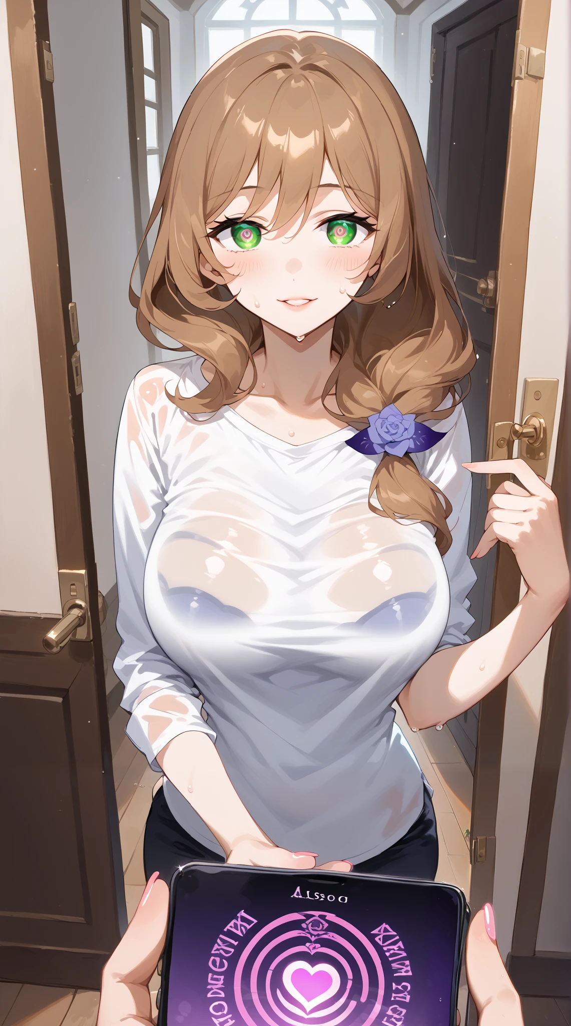 score_9, score_8_up, score_7_up, source_anime, 4K,perfect fingers,(perfect hands, perfect anatomy),prefect lighting, very aesthetic, intricate details,highly detailed background, masterpiece, high quality, best quality,
1girl,Solo,lisaminci, lisa minci, brown hair, green eyes, long hair, low tied hair, large breasts,,
wearing ((white shirt , wet shirt, wet skin , )),,
pov, (phone), standing, doorway, front door, answering door, hand on door, opening door, mind control, hypnosis app, looking at viewer, hearts, wooden floor, house, blank eyes, breasts, hetero, rating_questionable