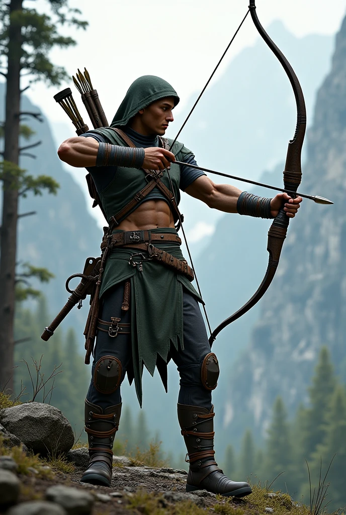Warrior with bow and arrow wearing dark red leather skirt, mountains and snow background. A very brave and handsome cyberpunk archer, male warrior, warrior style figure design, is holding a wooden bow. barbarian