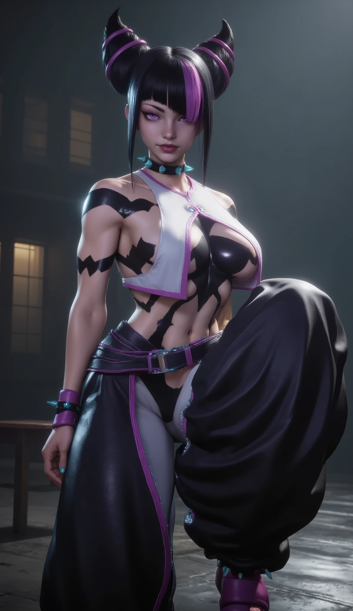 ? street fighter 75294 ? street fighter 6 14940 Character ? juri han 11681 punho fechado, mão fechada, fechada mão, ? voluptuous female , asymmetrical bangs 4028 ? baggy pants 806 ? belt 71056 ? black pants 13083 ? breast curtains 2450 ? breast tattoo 4259 ? huge breasts 4860861 ? chest tattoo 6612 ? collar 339557 ? ear piercing 182030 ? from side , female 5795638 ? glowing 67688 ? glowing eye 851 ? hair horns 827 ? hair over one eye 98432 ? linea alba 1836 ? lipstick 239456 ? looking at viewer 1885070 ? makeup 200853 ? huge breasts 381731 ? multicolored hair 181026 ? multiple belts 212 ? navel 833174 ? no bra 169592 ? pants 105870 ? piercing 350722 ? purple eyes 391558 ? purple hair 415751 ? purple lips 6134 ? revealing clothes 62457 ? short hair 928908 ? sitting 460489 ? solo 3034570 ? spider tattoo 248 ? spiked collar 30702 ? spikes 62249 ? streaked hair 23095 ? tattoo 216629 ? toned 65093 ? A highly detailed anime-style illustration of Juri Han from Street Fighter. She is in a dynamic Taekwondo fighting stance, one leg lifted high, ready to strike. Her body is slightly tilted, showing her toned muscles and perfect balance. She has a confident smirk, piercing purple eyes, and her signature twin-bun hairstyle. She wears a tight black and purple bodysuit with glowing accents. The background is a dark cyberpunk arena with neon lights reflecting off the floor. Ultra-high detail, sharp lighting, cinematic shading, and fluid motion captured mid-action.
