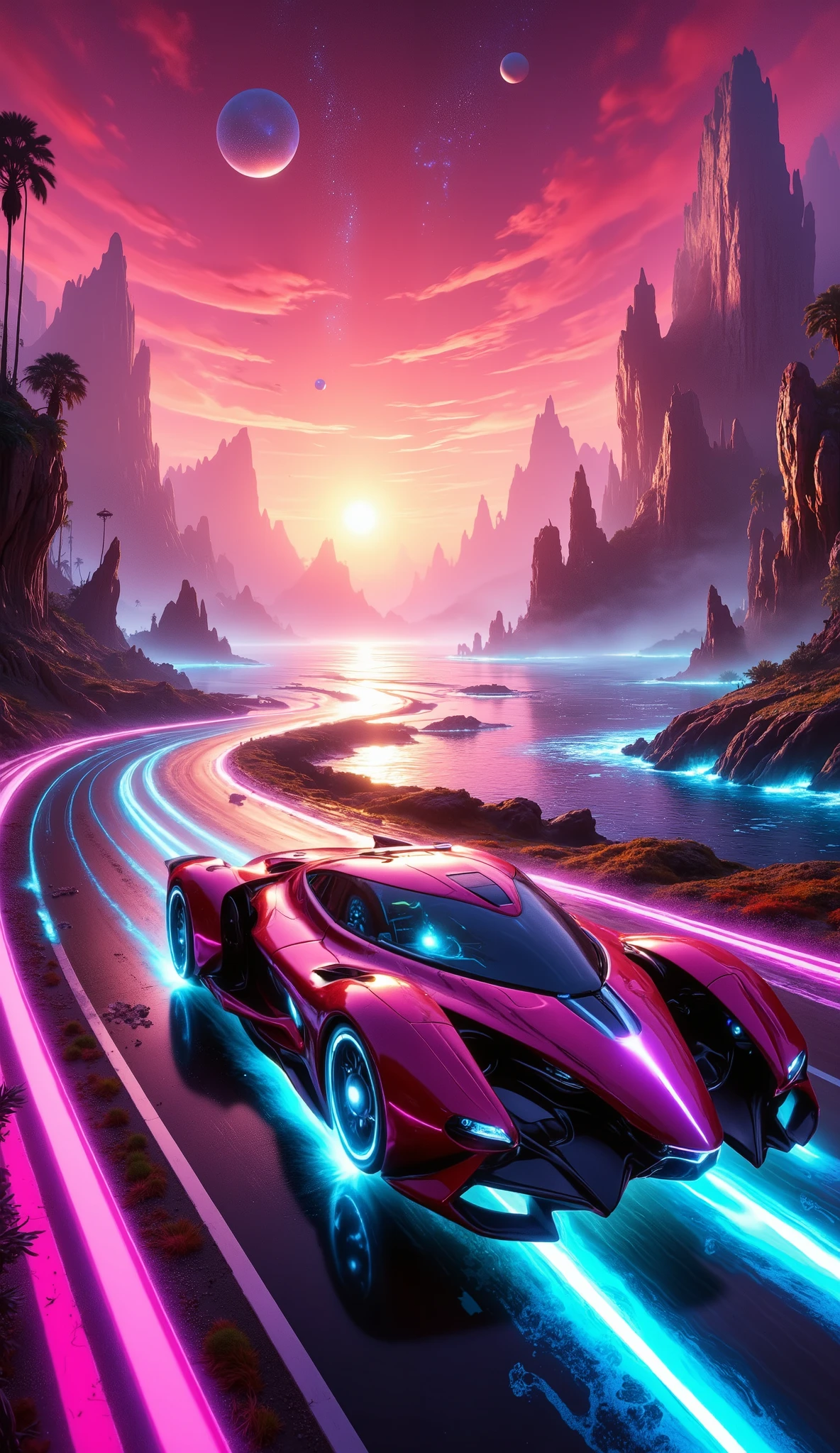 Surreal, cinematic image: a sleek, neon-lit sports car with pink, blue, and purple accents races along a rugged coastal road at sunset. Jagged mountains bathed in pink, orange, and purple hues form the backdrop, with silhouetted palm trees and a neon-lit ocean reflecting the vibrant colors. Synthwave style, 1980s nostalgic, futuristic, and dreamlike.