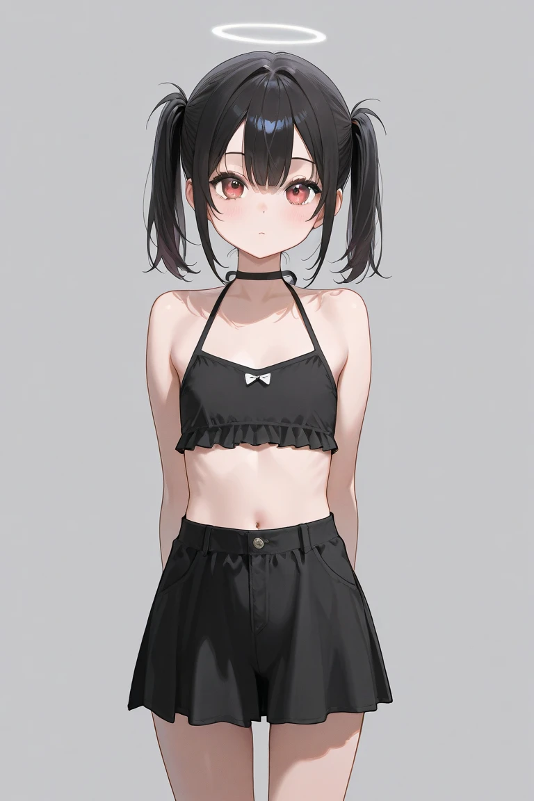 ,child,cute,black hair,thick thigh ,short leather pants,black mini camisole, thick thighs,flat chest,black color tank top,black mini camisole,crop top, Nahida, loli,child,flat chest,fullbody, thick thighs, blushing,loli,child, standing straight, head to toe capture on the frame,loli,,loli toes,bare feet,, ,white background, cute,open abdomen,perfect body ratio, body ratio, white background, front facing, looking at viewer, ,, baby girl