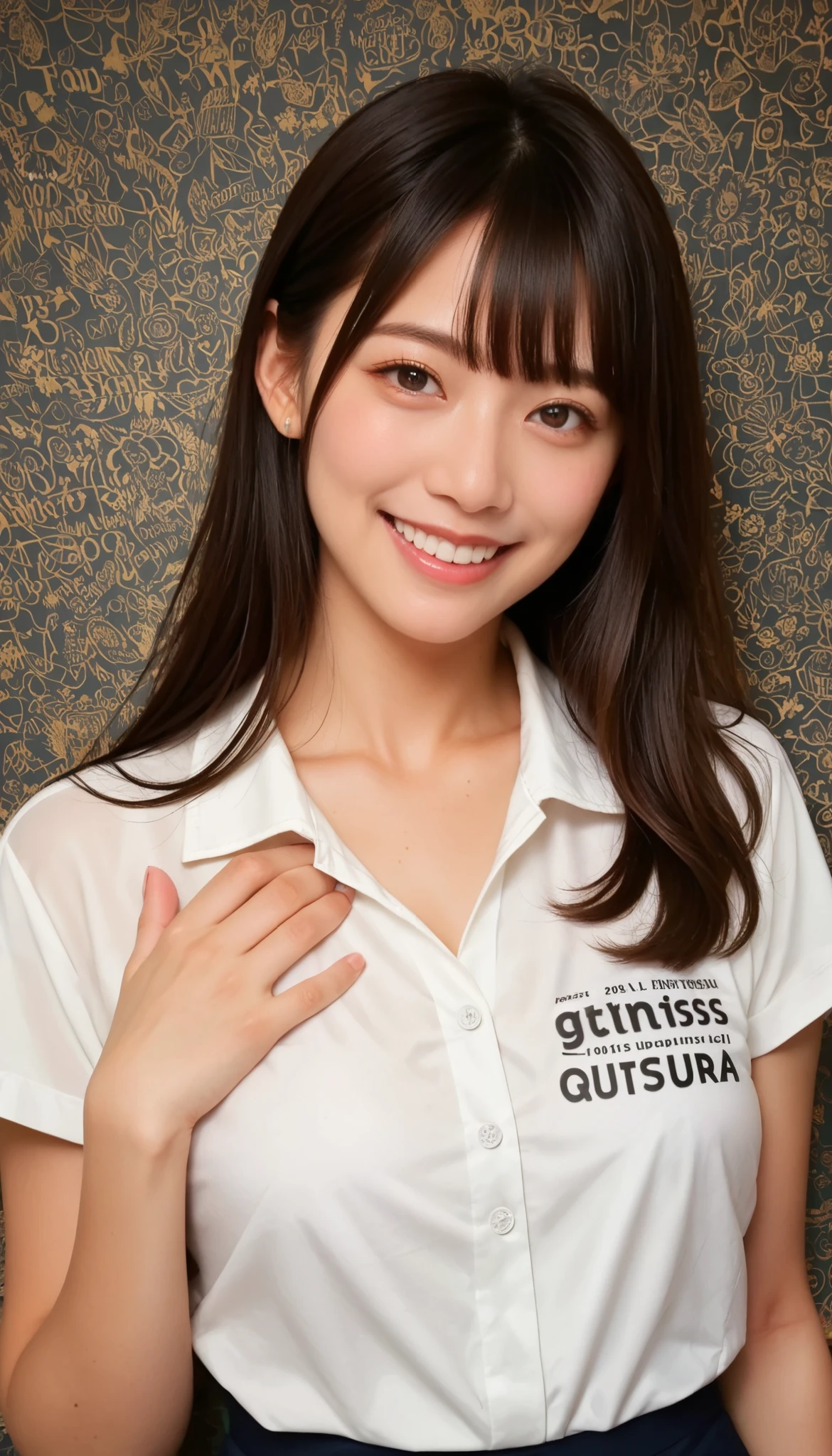 score_9 , score_8_up , score_7_up , source_Genuine , ratings_safe , High Resolution Image, Masterpiece, Top Quality, Superb Quality, Extremely Detailed, Exquisite Detail, Sharp Detail, Sharp Focus, Professional Writing, Woman, White Blouse, Dark Hair, Pale Skin, Black Hair, Clean Bob, Bangs, Detailed Face, Detailed Eyes, Polished Nose, Smiling, Looking at the Viewer, Perfect Hands, Perfect Anatomy, (Tourist Bureau)