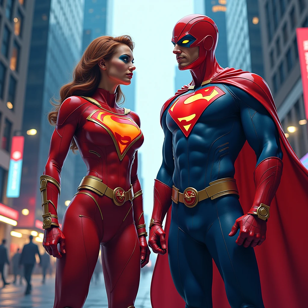 Photo of Henry cavill and Scarlett Black Widow, superman, handsome male, beautiful dark texture costume hero, Photography, HD, cinematic, costume ornate gold, Photo realistic, Full body photo, photo realism, ultra-detailed, intimate portrait composition natural light, photorealism, cinematic rendering, ray tracing, the highest quality, the highest detail, Cinematic, Third-Person View,