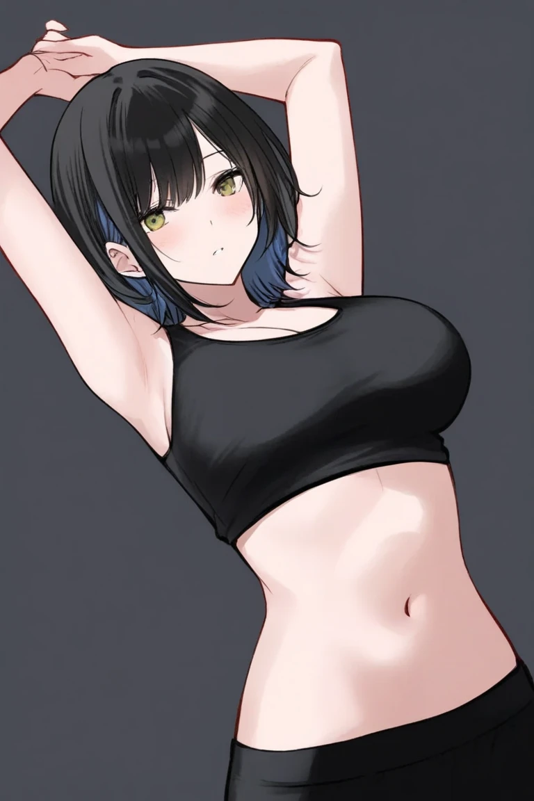 (beautiful detailed eyes, beautiful detailed hair, perfect detailed body), mikictr, 1girl, solo, black eyes, short hair, closed mouth, lipstick, blush, sagging huge breasts, crop top, no bra, midriff, navel, upper body:1.5, standing, belt, blue short shorts, simple background