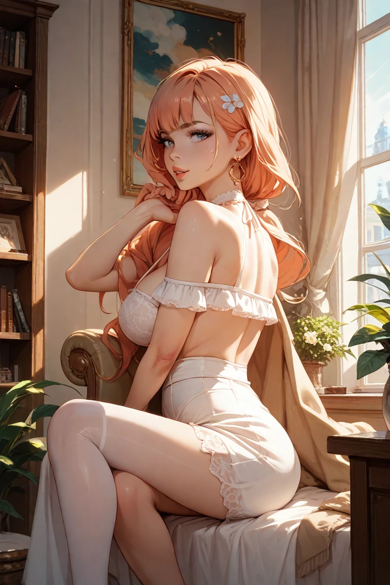 (masterpiece, best quality, cinematic, photorealistic, ultra-detailed), (1girl), perfect body, sexy body, tall and sexy, perfect hands, long round legs, (sexy body, wide hips), (wide shot, full body view, from the front:1.2), (wearing a white yoga tank, black and white patterned high-waisted yoga shorts), (red hair, half-up, half-down), (green eyes, detailed pupils, defined eyelashes), (blushing, slightly parted lips, coral lips, fluffy lips), (massive tits, natural soft tits), sensual pose, seductive pose, standing sensually