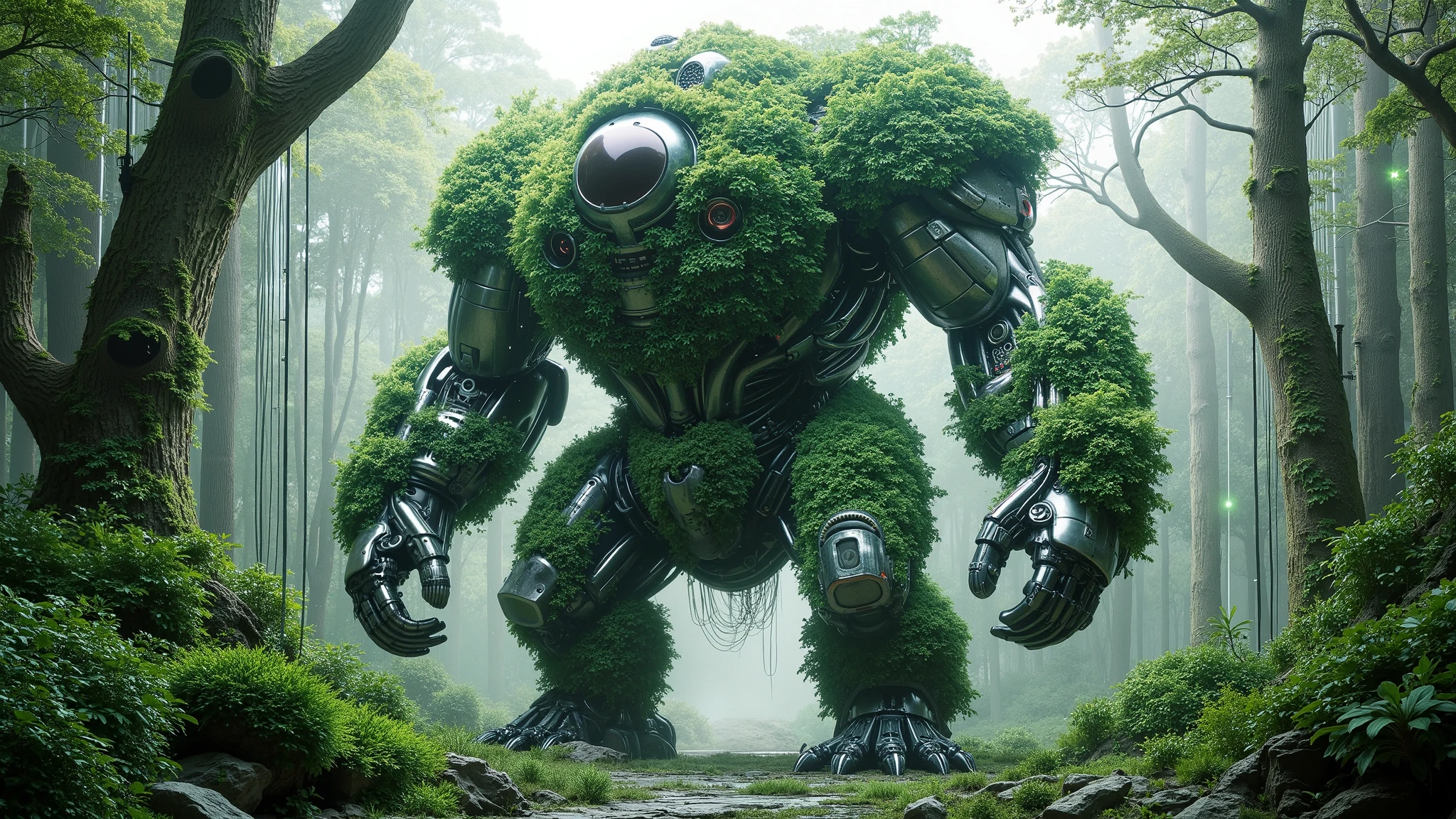 Hanuma Robot in a Technological Forest: "A giant Hanuma monkey robot covered in artificial vegetation, swaying on metal and fiber-optic trees, with green lights shining around."