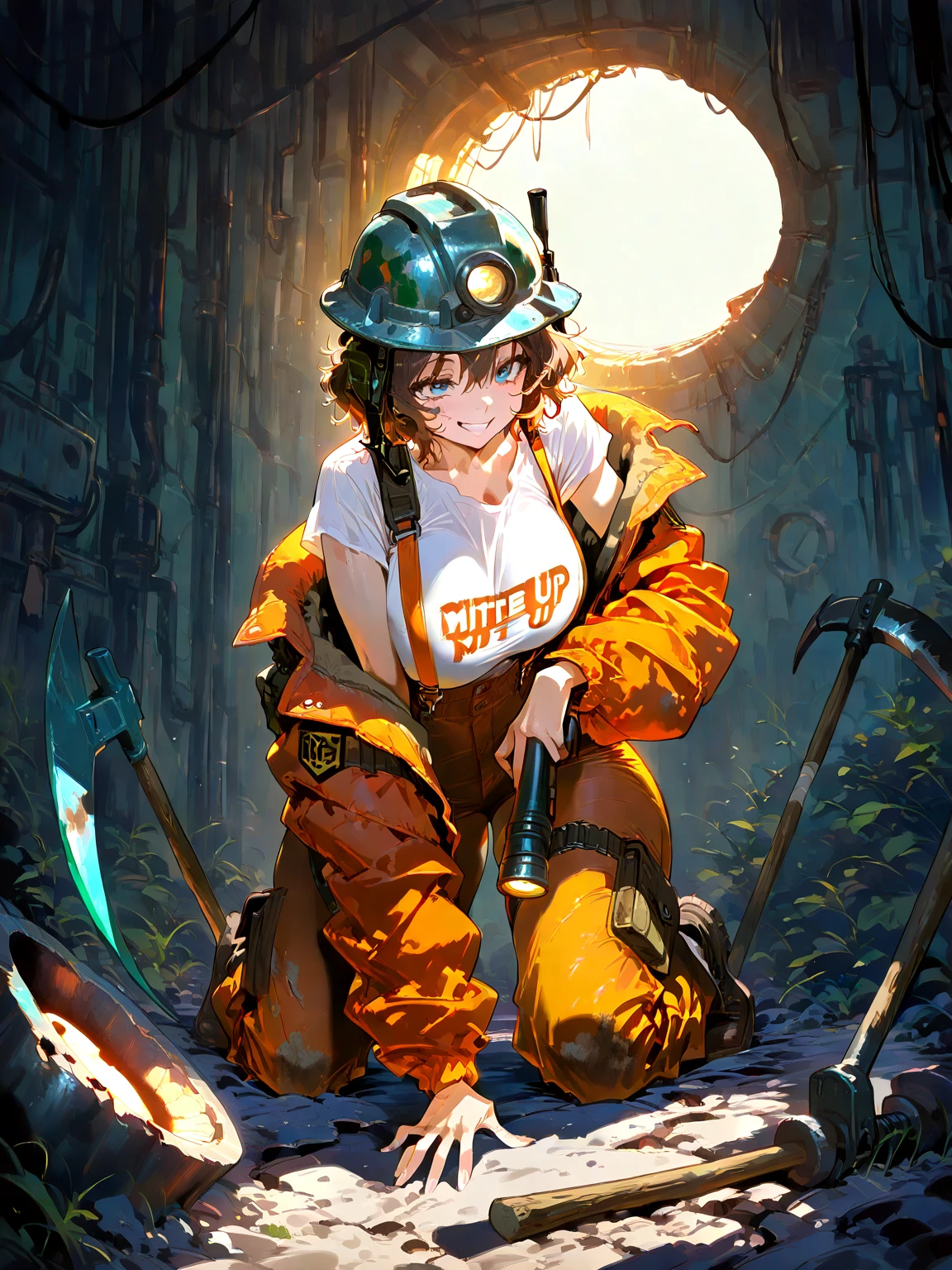 (masterpiece), best quality, highres, (hyperrealistic:1.3), 4k, 8k, Detailed Illustration, intricate detail,  (1girl), (miner:1.5),  tools, (medium breasts:1.2),(full_body:1.3), dirt on body, dirty, (dirty body:1.7), (dirty skin:1.7), sweaty skin, very detailed skin, skin pores, textured skin, (torn leggings:1.3), (open leather jacket:1.2), (torn crop top), wearing an orange helmet, (cave entrance:1.5), (walls covered with sparkling ore:1.2),
cinematic lighting, sharp shadows, amazing quality, amazing shading, soft lighting, (symetrical:0.5)
ultra-detailed ,