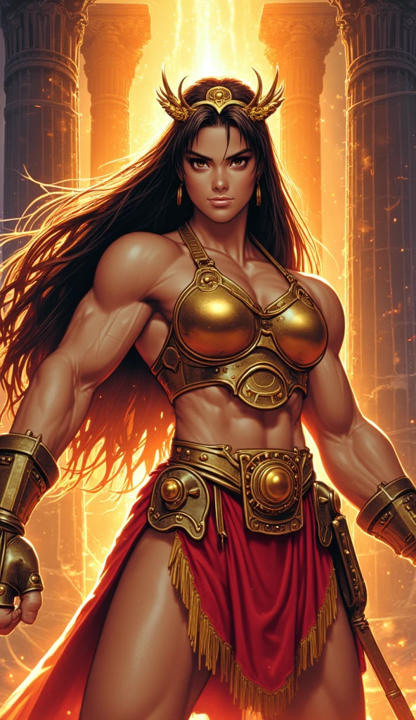 Barbarian woman, topless, standing, heroic pose, loincloth