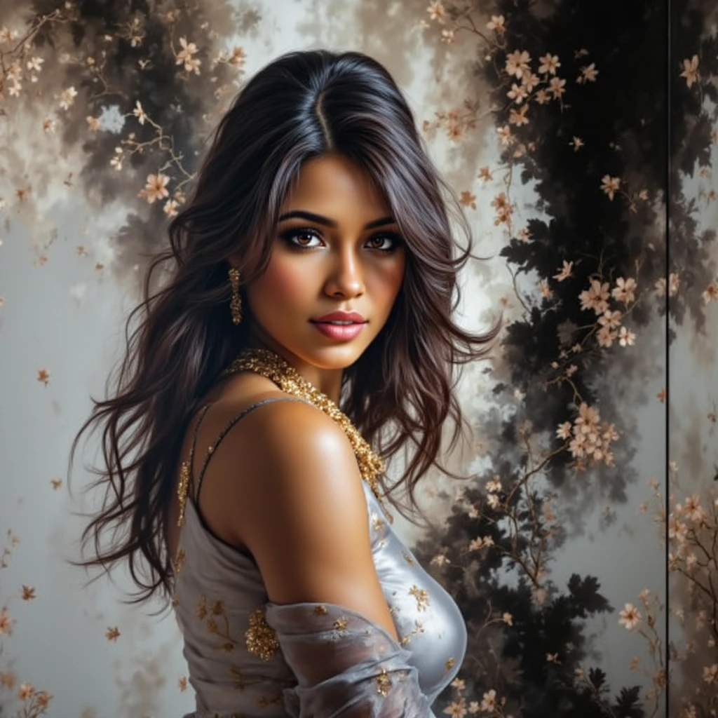 HyperSmoke, award winning portrait photo of an young gold woman, bokeh, backlit, (brown color in detail:1.1), elegant atmosphere, realistic, intricate details, true skin tone, skin pore, healthy skin <lora:GoldyBlack_v1.1:1>