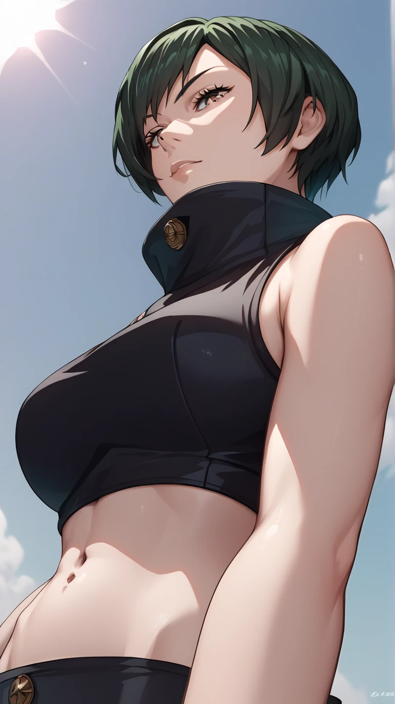 1Girl, green hair , huge breast, huge ass, black sports bra, black fitted dolphin shorts and tight ass