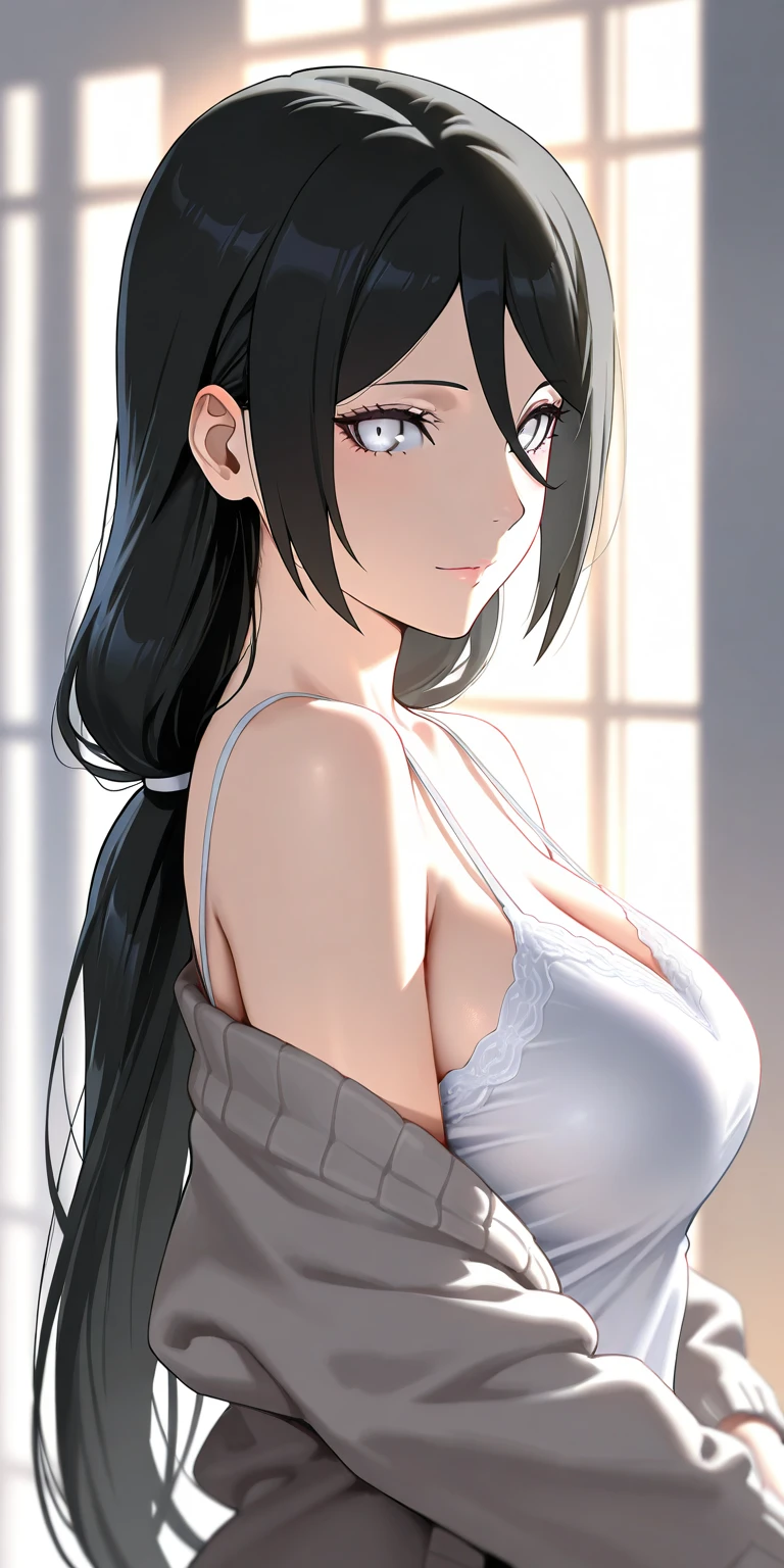 Amazing portrait of a sexy woman wearing her long straight luscious black hair, seductively gazing and smiling, soft lips, parted, blushing intensely, smiling, olive green crop top, white cargo pants, white shirt, medium chest, cleavage, perfect body
