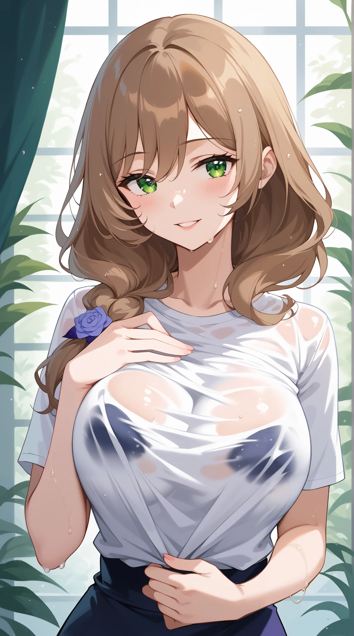 score_9, score_8_up, score_7_up, source_anime, 4K,perfect fingers,(perfect hands, perfect anatomy),prefect lighting, very aesthetic, intricate details,highly detailed background, masterpiece, high quality, best quality,
1girl,Solo,lisaminci, lisa minci, brown hair, green eyes, long hair, low tied hair, large breasts,,
wearing ((white shirt , wet shirt, wet skin , )),,
windshield breast press,