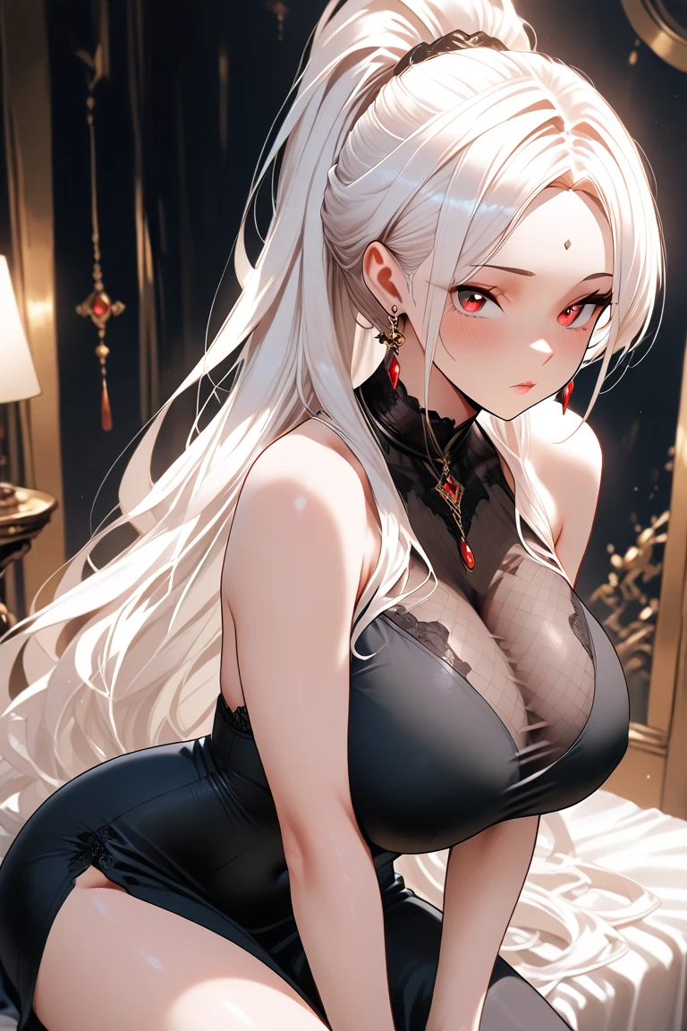 ShenheV4, (virgin killer sweater, sleeveless, cleavage cutout), (solo:1.1), (mature woman:1.2), beautiful face, (detailed eyes), symmetric eyes, glossy lips, (long hair, grey hair, braid, hair over one eye, hair ornament), beautiful round breasts, voluptuous body, slim waist, (masterpiece, best qualty), soft ambient lighting, standing, front view, cafe background, window, new york, vivid colors, sunny day, looking at the viewer, HD, 8K, vivid colors, intricate, (absurdres:1.2), (blurry_background), bokeh, (sharp focus) ((detailed face)), facial details