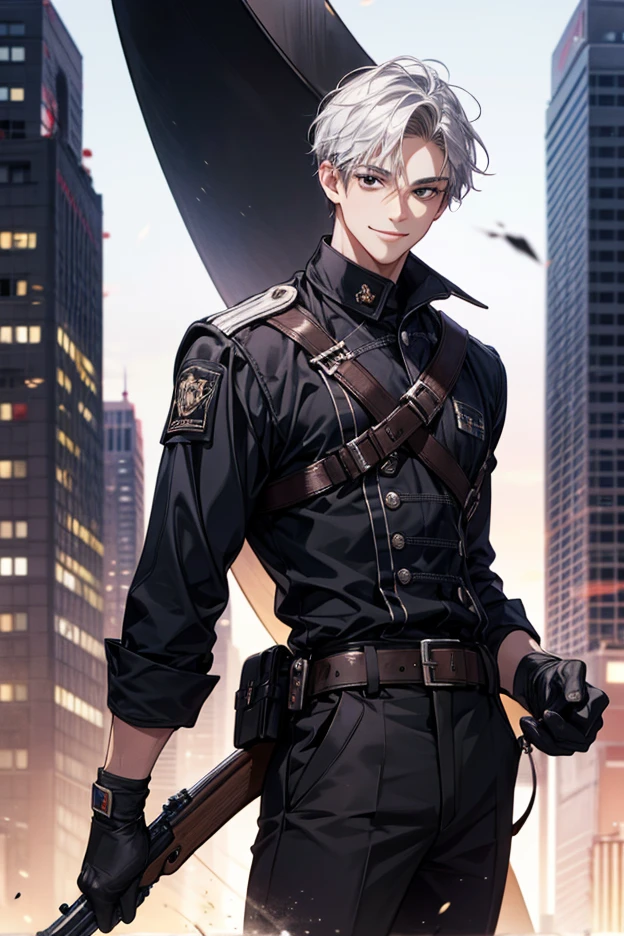 Young guy, gray curly hair, Bob hairstyle, brown eye, cat ears, Grey Combat Jacket, breeches, claws, fiery sword, Masterpiece, hiquality, 4k, HD, Good detail