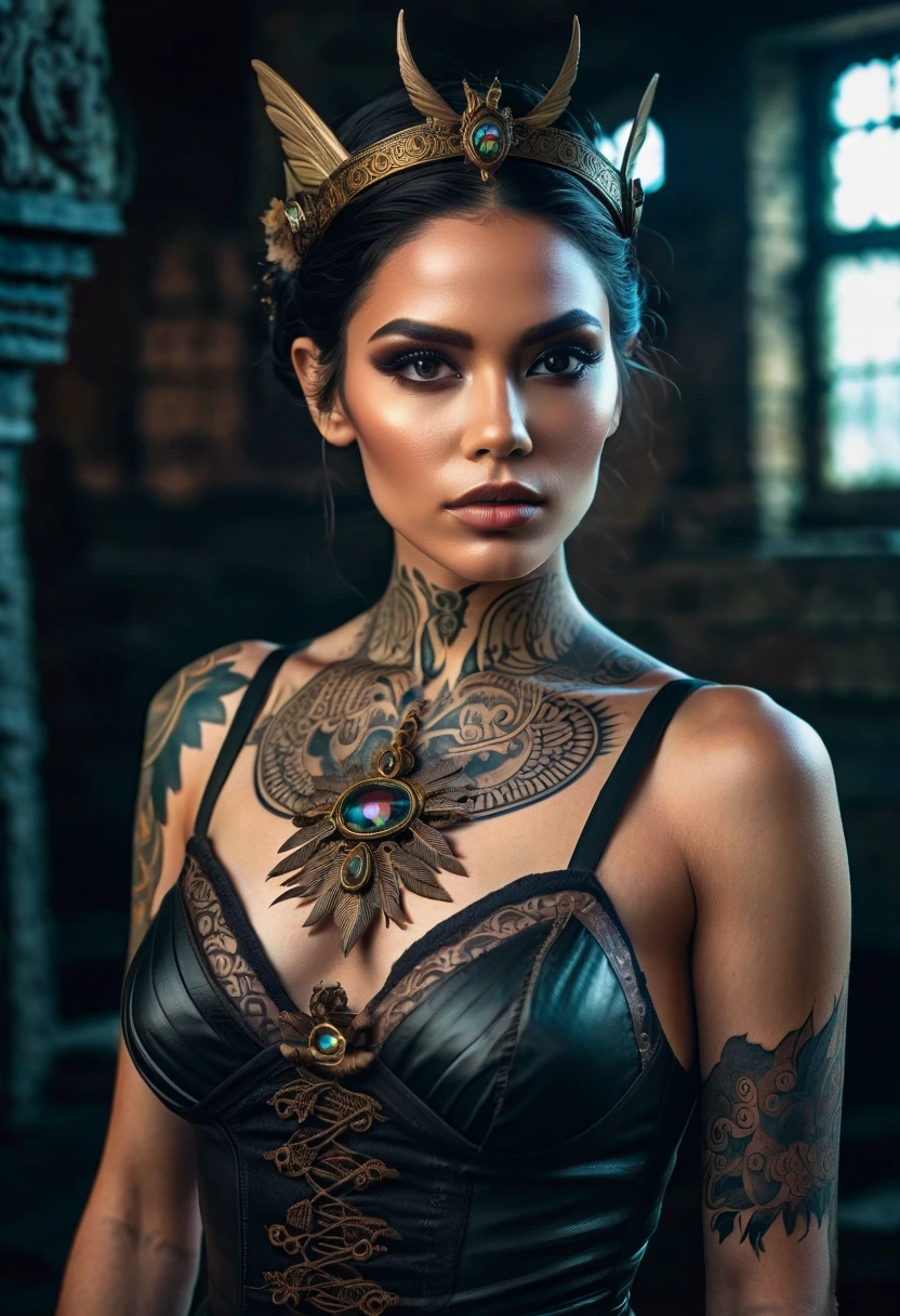 A powerful Viking warrior woman, adorned with intricate tattoos covering her toned body, stands resolutely with a steampunk contraption in the background. Blood trickles down her chiseled jawline, adding an element of excitement and danger. In the foreground lies an emerald gemstone, her precious treasure. The scene is bathed in the best quality light, creating a masterpiece of shadows and brilliant highlights. Every detail of her perfect face is meticulously rendered, from her piercing blue eyes to the defined features of her nose and lips. Her intricate tattoos and the steampunk contraption are highly detailed, seamlessly blending technology and nature in this vivid and dramatic image. (det