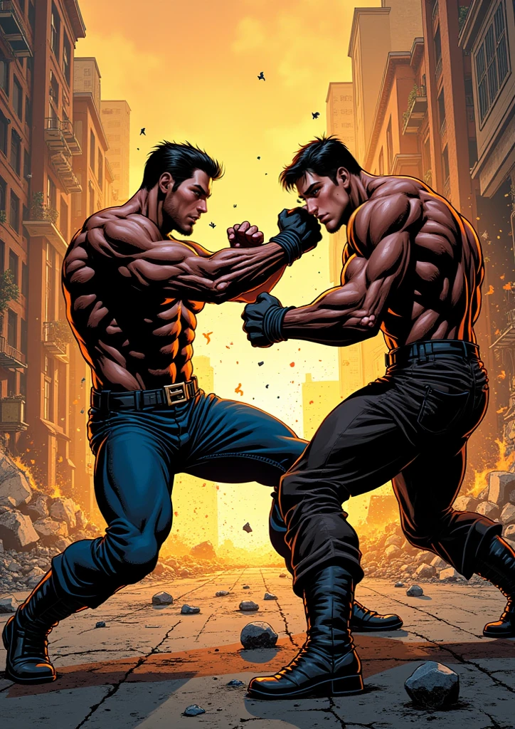 A skinny guy getting punched and falling to the ground by a guy with giant muscles
