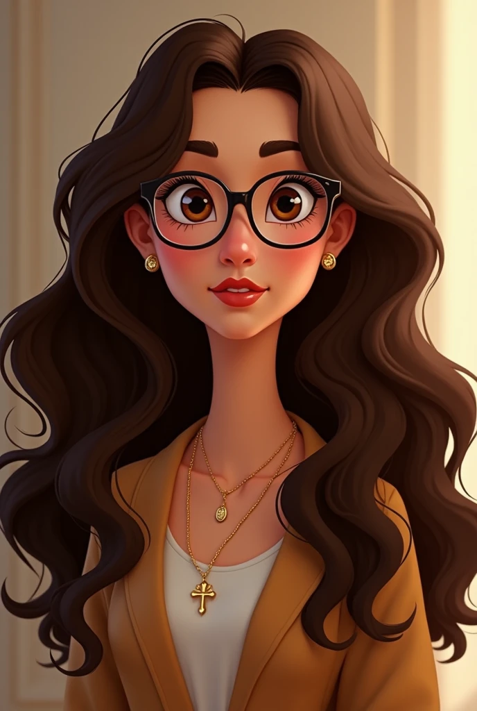 Imagem da filha da Ramona Badwof e da Rosabella Beauty de Ever After High: You must have long, curly brown hair with bangs and red highlights., Light brown skin, brown glasses with a red rose, long yellow blouse with roses, golden skirt with golden roses, a faux fur collar around the neck, brown heeled boots with roses, golden flower tiara on the head and a yellow tablet with a red rose on the arms and a golden wolf pendant