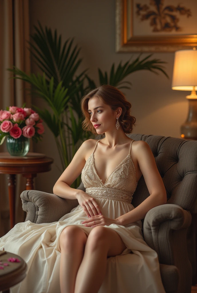 photorealistic, 1girl, beautiful detailed eyes, beautiful detailed lips, extremely detailed face and skin, long flowing hair, woman, transgender, ABDL, elegant dress, high heels, sitting on a chair, looking at the camera, warm lighting, intricate details, cinematic composition, masterpiece, photorealistic, ultra-detailed, hyper-realistic, stunning, dramatic lighting, soft pastel colors, glowing skin, delicate features, intricate jewelry, lace accents, flowing fabric, serene expression