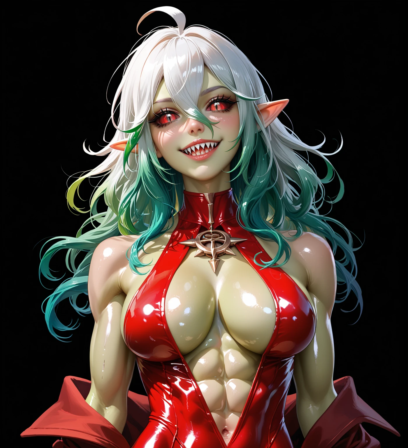 lineart, beautiful demonic woman, sexy, white long hair,big fangs, horns, <lora:0154 Safe collection_v1:0.8> ruanyi0154,bondage outfit,elbow gloves,garter straps,hairband,red thighhighs,zipper,clothing cutout