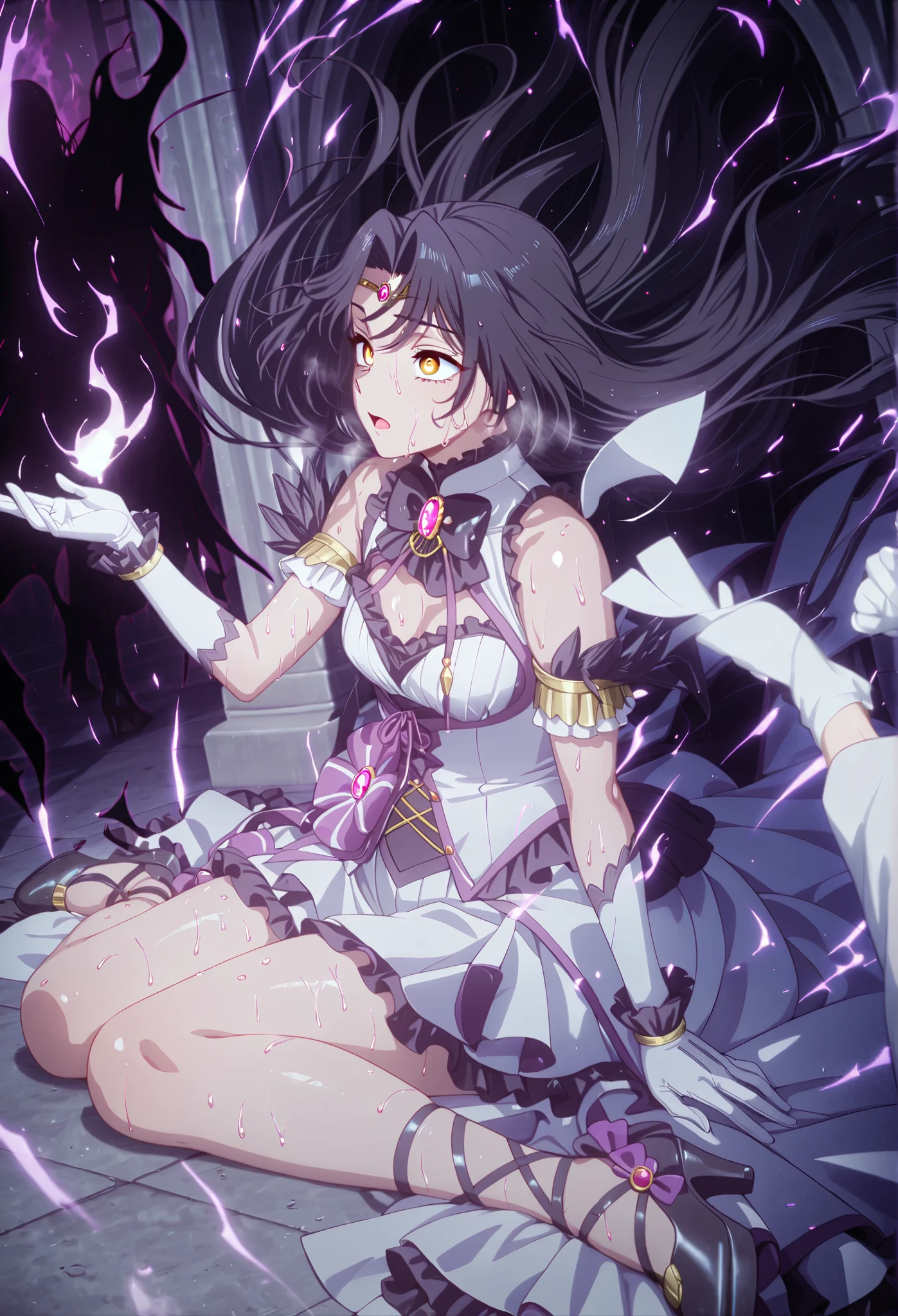 anime coloring, anime screencap, anime-style detailed background, vignetting, masterpiece, high quality, absurdres, best quality, very aesthetic, newest, dynamic composition, anatomical correct, HD, 4K, digital art, trending on ArtStation, ((anatomical correct)), perfect body, perfect eyes, perfect fingers, gasping, heavy breathing, excessive sweating, sweating, sweating profusely, gasping profusely, cinematic, ((skindentation)), ((curvy)), dominique de sade, long hair, black hair, curtained hair, ((small breasts)), yellow eyes, ((black pupils)), plump, 1girl, solo, solo focus, gloves, sitting, dress, breasts, white_gloves, cleavage, high_heels, gem, wariza, open_mouth, tiara, frills, (aura:1.4), (black aura), (dark aura), magic, particle, dusty, shadow,
