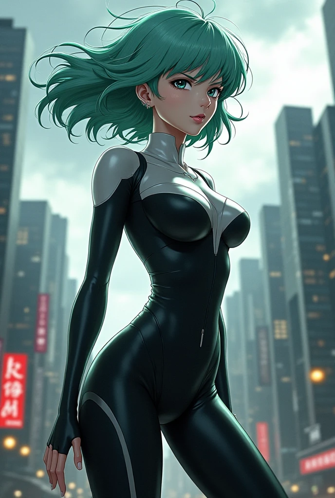 Tatsumaki, green hair. Skinny Skinny Goddess. anorexia. Thin very very thin bony legs, black oversized shirt, unrealistically long legs, black tights with heels, stands on top of a skyscraper building, Highest quality, hyper detailed face, hyper detailed hair