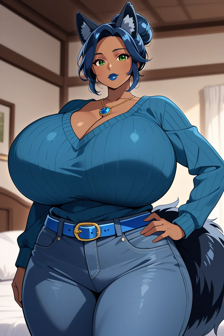 solo, snow leopard girl, cat girl, white fur, ((leopard spots)) , mature female, mom, milf, 40 year old woman, (bimbo), (light blue hair), (gradient hair), wavy hair, big hair, purple eyes, smile, parted lips, painted lips, makeup, thick eyeliner, eyeshadow, tall, slim waist, ((wide hips)), (((huge thighs))), huge ass, gigantic breasts, puffy nipples, (deep cleavage), navel, chubby, tall, oily breasts, lingerie, see-through, (big earrings), (bracelets), necklace, indoors, log cabin, wooden walls, window, snow, night, dark background, bedroom, fireplace, (sexy pose), dynamic pose, hip and thigh focus, sweating, oily breasts, head tilt, furry style, realistic lighting, giga_busty, hand in own hair