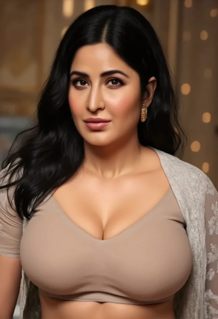 Sonakshi Sinha, bob cut hair style, chubby body, huge breast, looking towards audience, indian