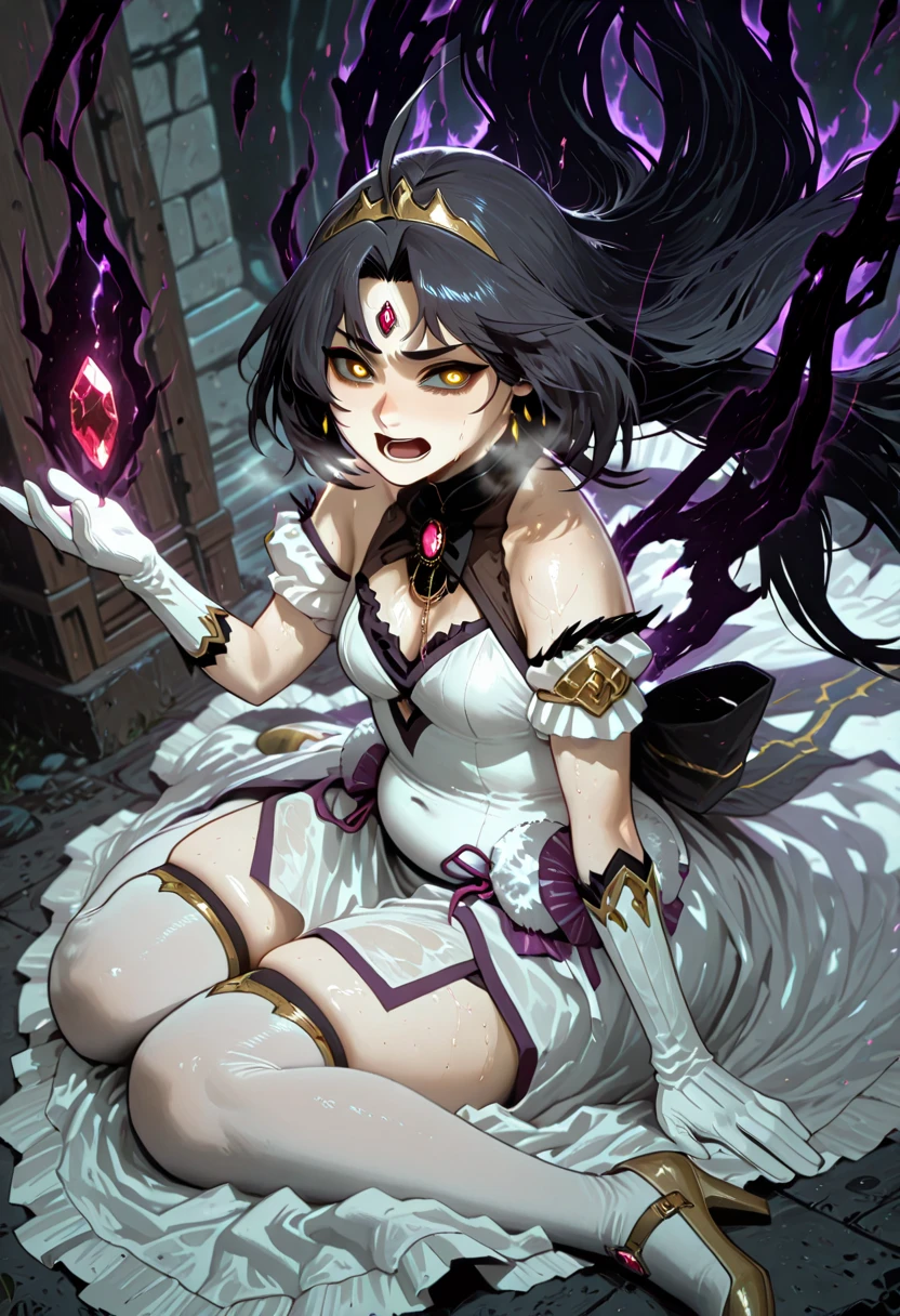 mythp0rt, (Gogalking-style:1.2), (Luxu-style:1.5), anime coloring, anime screencap, anime-style detailed background, vignetting, masterpiece, high quality, absurdres, best quality, very aesthetic, newest, dynamic composition, anatomical correct, HD, 4K, digital art, trending on ArtStation, ((anatomical correct)), perfect body, perfect eyes, perfect fingers, gasping, heavy breathing, excessive sweating, sweating, sweating profusely, gasping profusely, cinematic, ((skindentation)), ((curvy)), dominique de sade, long hair, black hair, curtained hair, ((small breasts)), yellow eyes, ((black pupils)), plump, 1girl, sol, gloves, sitting, dress, breasts, white_gloves, cleavage, high_heels, gem, wariza, ahoge, open_mouth, tiara, frills, (aura:1.4), (black aura), (dark aura), magic, particle, dusty