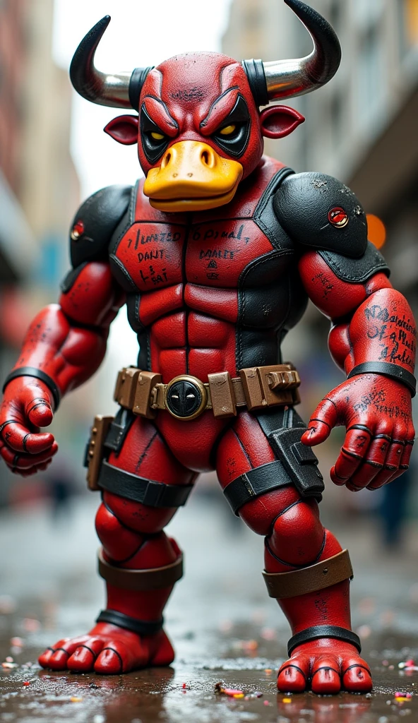Yellow muscular humanoid pig dressed as Deadpool looking intimidating with dark background and a shopping cart in the background
