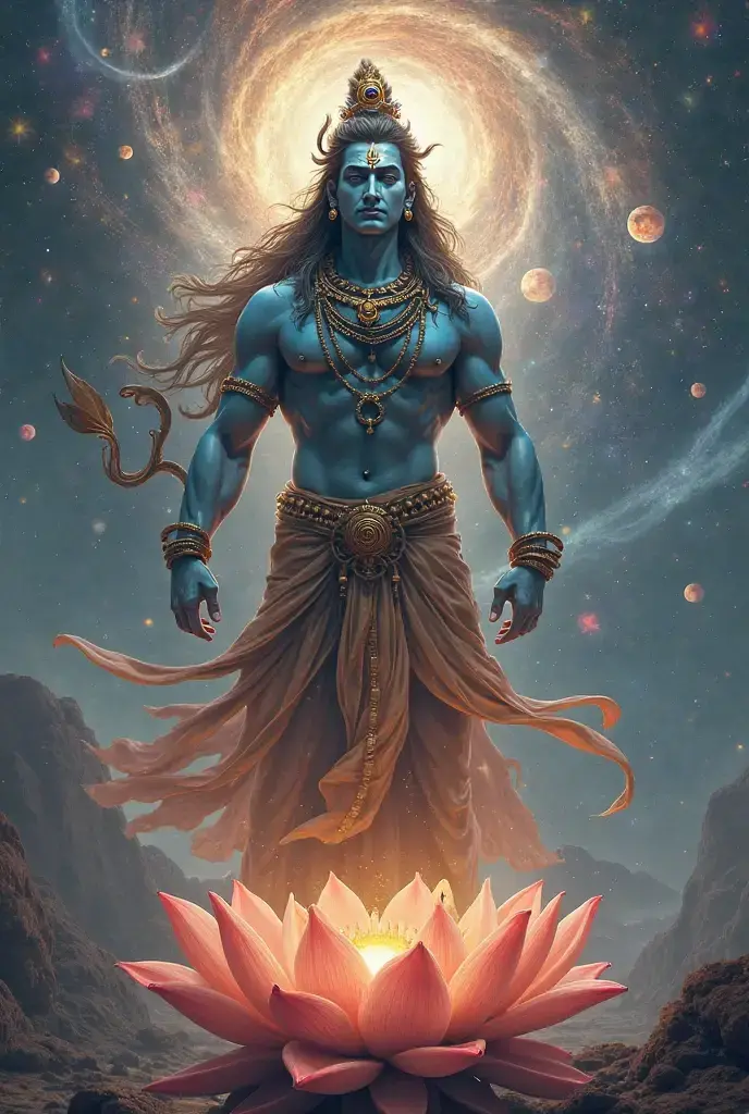 Groups of snakes binding together on lord krishna neck with background of blue river with blue sky,lotus flowers in the river. Sun and moon side bye side. Spider, scorpio,