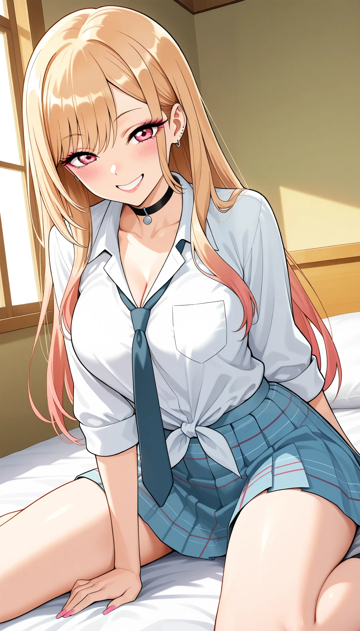 1 Beautiful Girl , Kitagawa Marin, sono bisque doll wa koi wo suru, prominent feminine features, Beautiful breasts, school uniform, shirt, tie pleated skirt, (smile, wariza, superior), beautiful shining eyes, glossy lips , very detailed目と顔, Long Lashes, cowboy shot:1.2, sexy, School Scene, (top quality:1.2,very detailed,CG illustration,masterpiece:1.2,best aesthetics),
