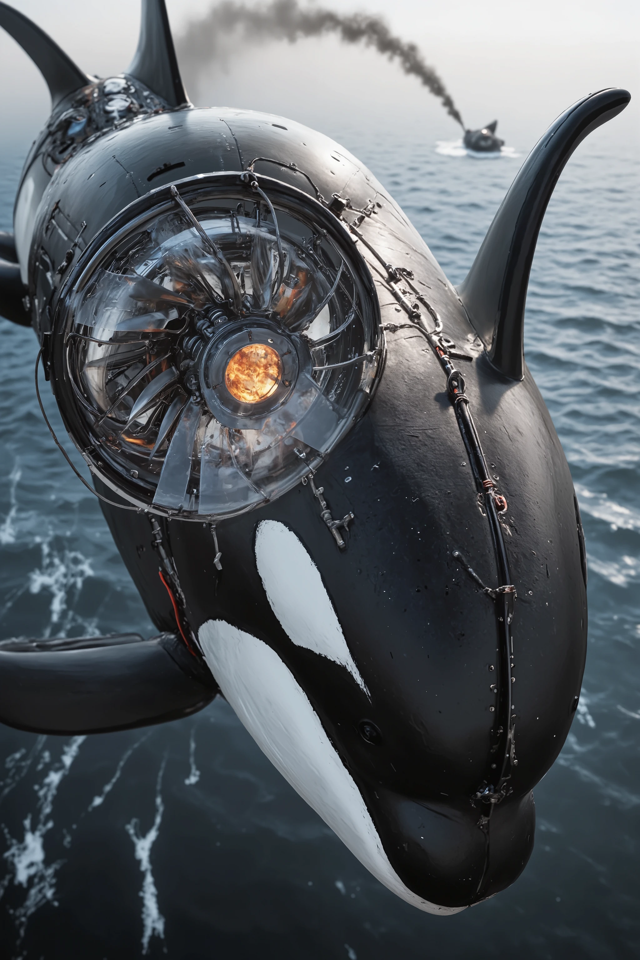A gigantic orca whale with a large Dangerous Killer rotary propeller engine on the orca whales nose spinning the propeller blades extremely fast rotating speeding up the Propeller Blurring Revving emitting fire with black diesel smoke from the orca whales fin on the top of the whale Revving Like an exhaust pipe doing a burnout on the road Extremely fast begins Soaring up to the sky like an airship, ray tracing, UHD, 16k, DSLR, masterpiece, photorealistic, award-winning