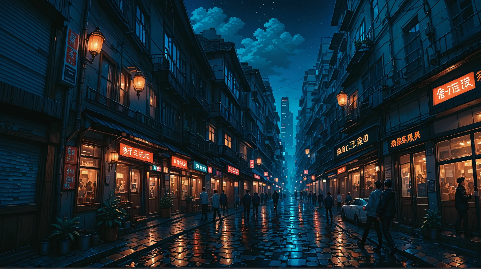 A beautiful pixel art illustration of a Japanese city street at night, night time, view from walking point, between streets, alley, Premium AI-generated image, pixel, score_9,score_8_arriba,score_7_arriba,8K,High definition,no humans,horizontal view, japanese stye, gray, pink and blue colors, sakura