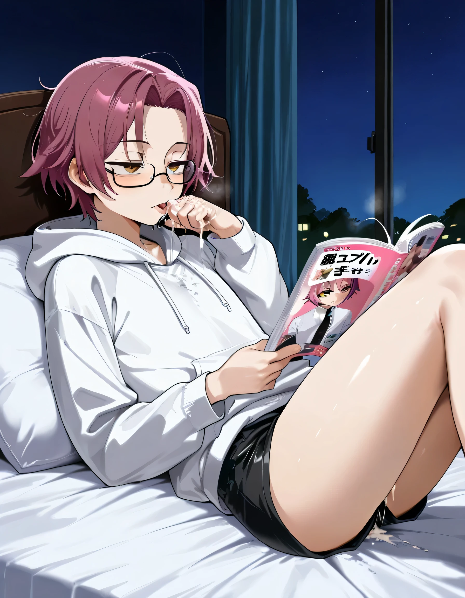 adult, male, beautiful, beige skin, dark pink hair, short hair, parted bangs, light brown eyes, tall height, light curvy thighs, loght curvy hips, thin waists, flat chest, skinny, detailed eyes, detailed face, detailed body, detailed bedroom, detailed eyes, make up, looking at viewer, night, white oversized hoodie, black shorts, laying back on bed, leaned back against the headboard, knees up, spread knees, glasses, reading manga, tired, solo, yaoi manga, exposed flaccid penis, cum on hand, licking cum from hand