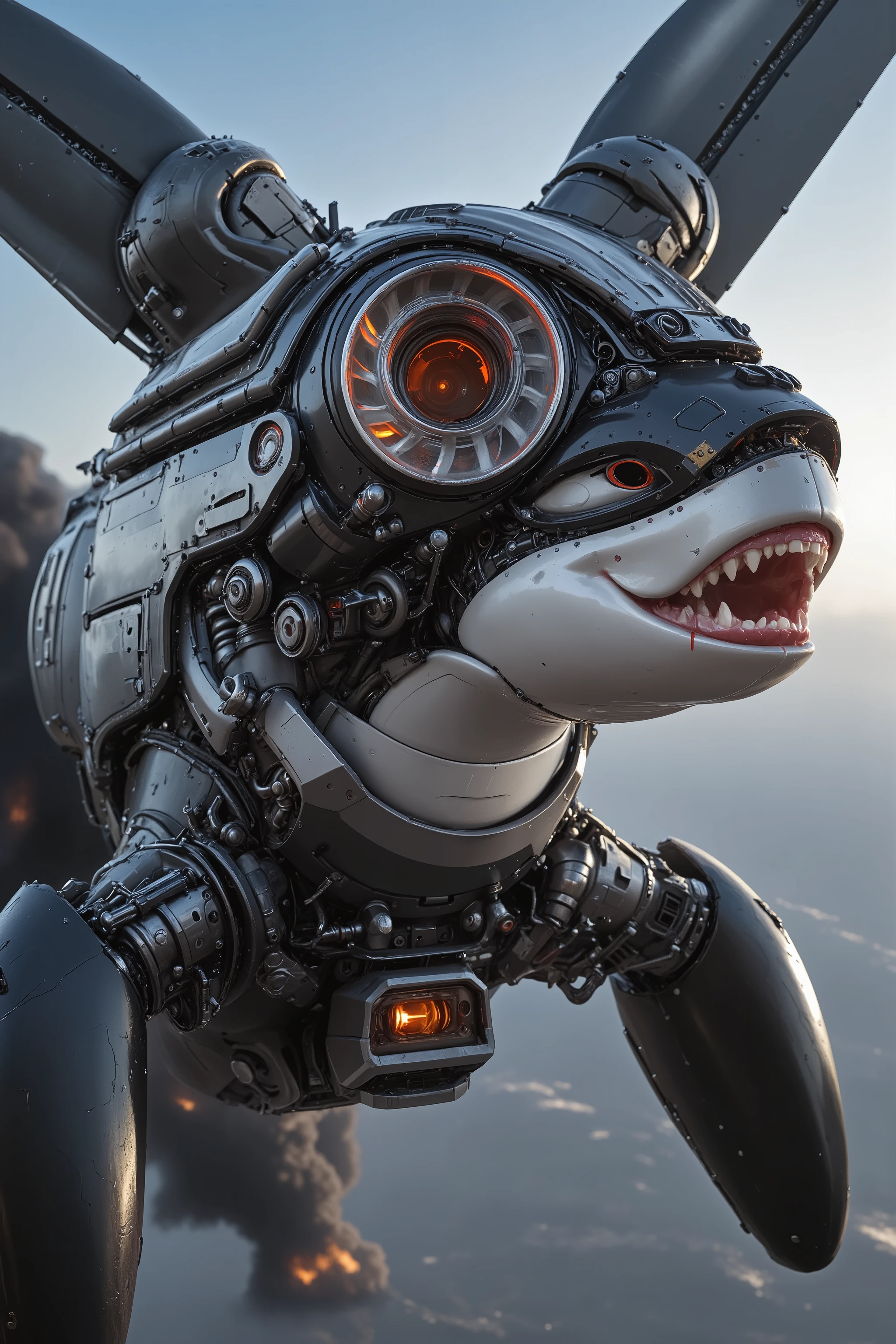 A gigantic orca whale with a large Dangerous Killer rotary propeller engine on the orca whales nose spinning the propeller blades extremely fast rotating speeding up the Propeller Blurring Revving emitting fire with black diesel smoke from the orca whales fin on the top of the whale Revving Like an exhaust pipe doing a burnout on the road Extremely fast begins Soaring up to the sky like an airship, ray tracing, UHD, 16k, DSLR, masterpiece, photorealistic, award-winning