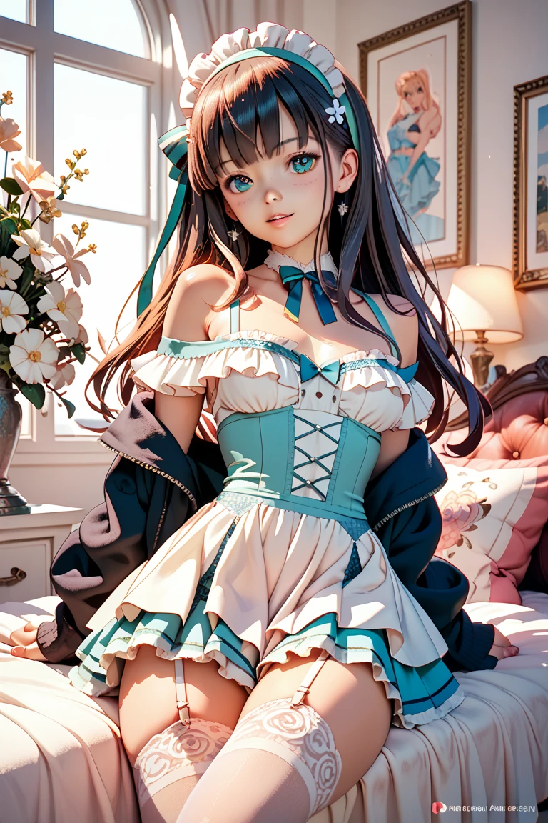 the woman is wearing a Maid clothes standing up on the floor, solo, panties, underwear, skirt, lacy black and light blue panties, side-tie panties, satin panties, lying, thighhighs, garter belt, skirt lift, shirt lift, show off bra, show off panties, realistic