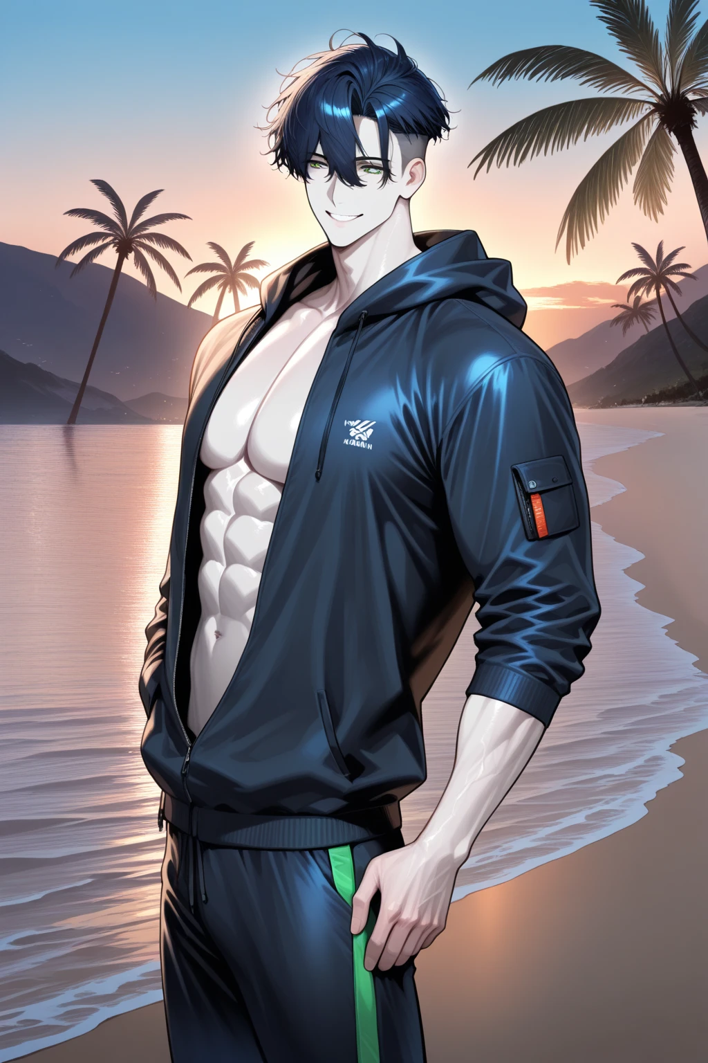 Katsuki Bakugo, 1boy, bikini, Tight muscles, Broad shoulders, Handsome, full body, body of a ager, Tiny underwear, Sexy, sex, Guy, , Sea, jacket, sunglasses, boy, floral bikini, red eyes, tight leg muscles, big bulge,