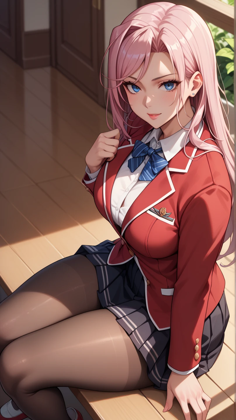 score_9, score_8_up, score_7_up, score_6_up, score_5_up, score_4_up score_9,score_8_up, digital art, realistic, anime illustration, MoriCalliope, long hair, hime cut, 1girl, pink hair, blue eyes, large breasts, MoriQSuit, long hair, pant suit, black jacket, black shirt, collared shirt, black pants, navel, black gloves, white belt, sunglasses, eyewear on head, soft lighting, seductive expression, purple accents, class room, sitting on desk, crossed legs, legs close to viewer, looking at viewer, high-resolution, detailed texture, emotional depth, dramatic mood, serene atmosphere, cinematic lighting.