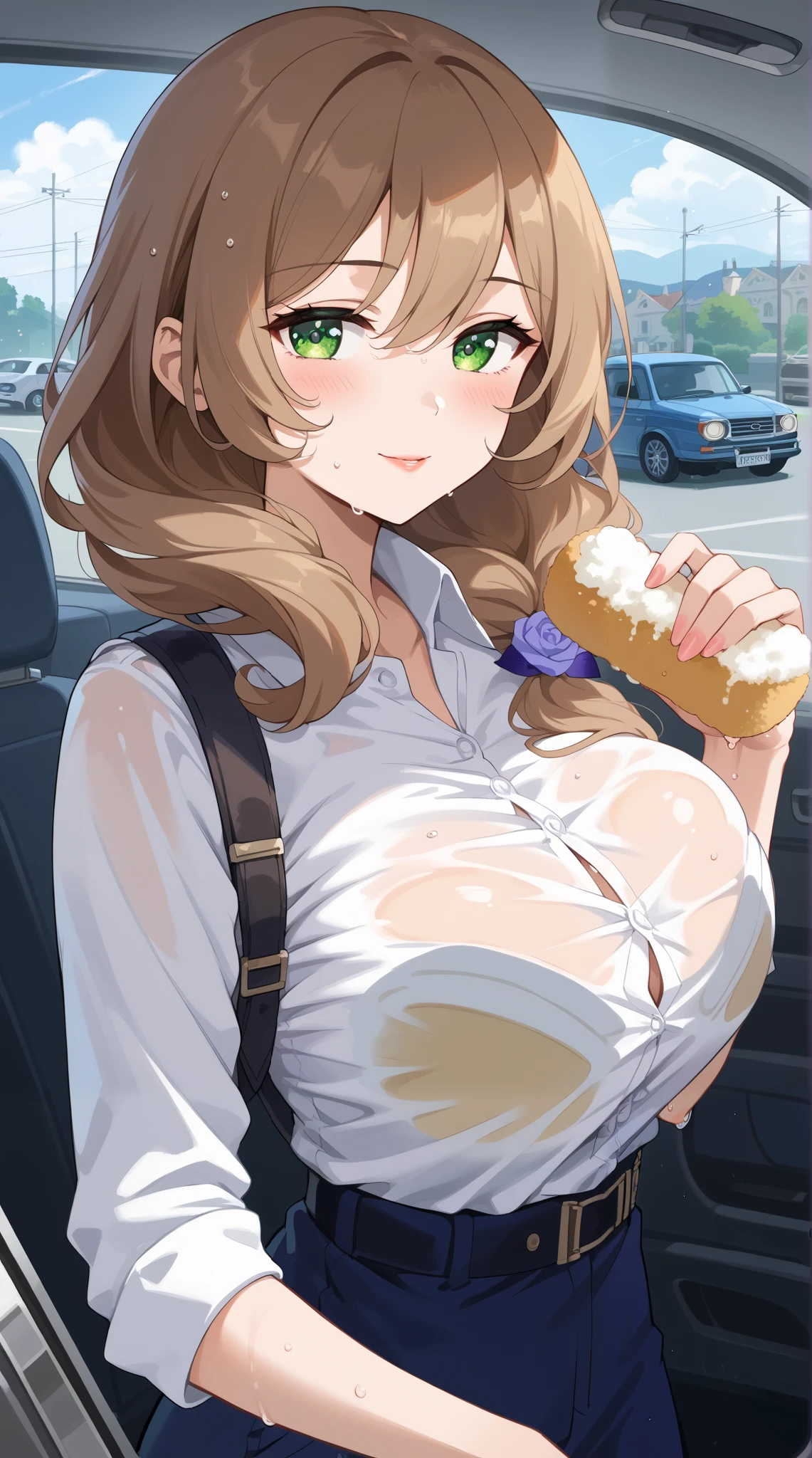 score_9, score_8_up, score_7_up, source_anime, 4K,perfect fingers,(perfect hands, perfect anatomy),prefect lighting, very aesthetic, intricate details,highly detailed background, masterpiece, high quality, best quality,
1girl,Solo,lisaminci, lisa minci, brown hair, green eyes, long hair, low tied hair, large breasts,,
wearing ((white shirt , wet shirt, wet skin , )),,
windshield breast press, windshield, breast press, washing vehicle, breasts on glass,, blush, sponge, holding sponge, car interior,