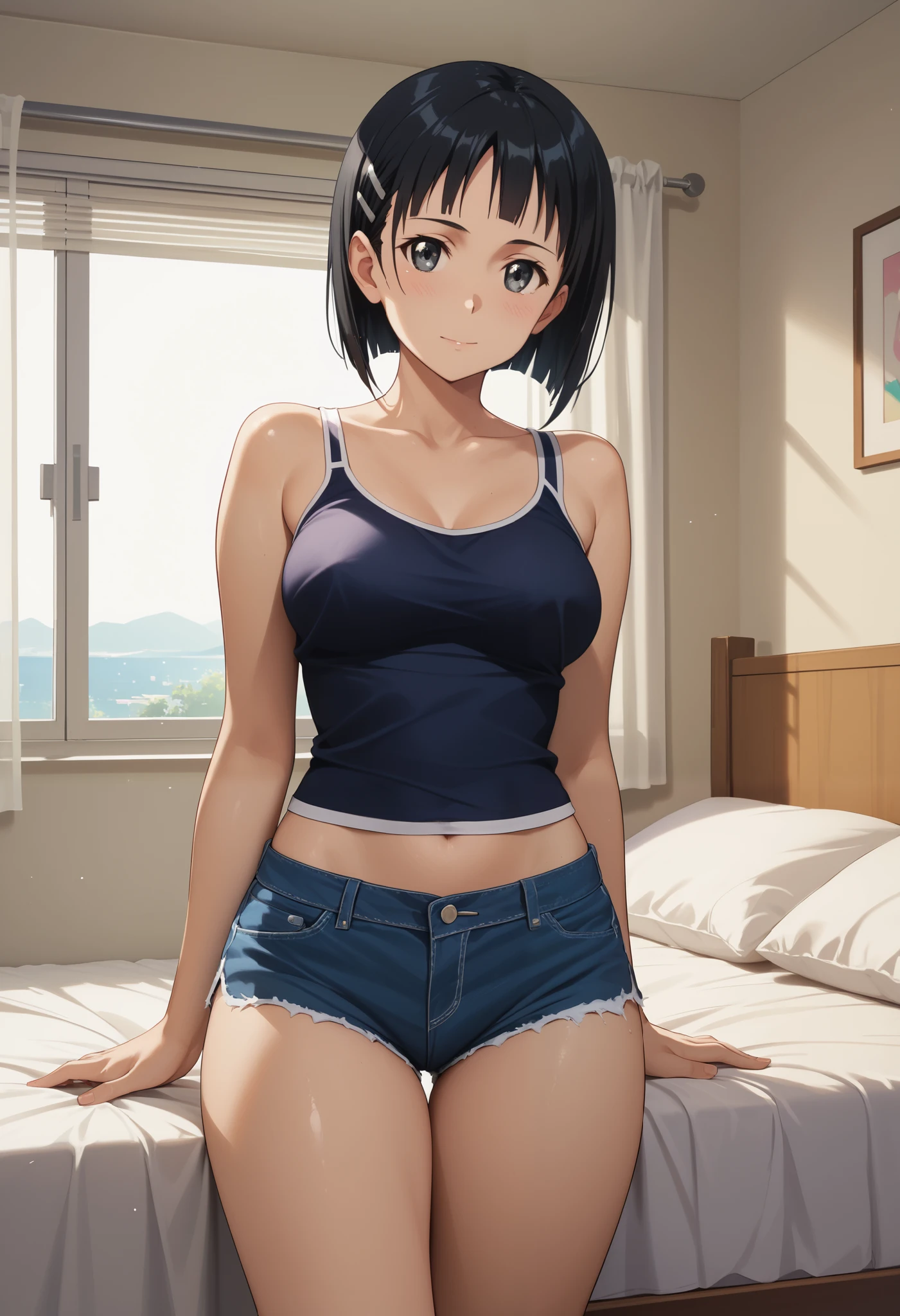 (best quality: 1.2), (masterpiece, best quality, ultra high res, 8k, perfect anatomy, extremely detailed), (extremely detailed CG unity), (1lady), solo, (abs:0.6),(27 years old:1.5),(black eyes),(dark brown hair), (bob cut), (medium breasts:1.3),(Navel exposed:1.3),full-face blush,face is turning red, (thick thighs:1.4),((collarbone)),(muscular shoulder:1.4),(tank top:1.5),(denim shorts:1.2),smile,(huge areola),(erection of nipple:1.2),(wariza:1.4),(ecstasy:1.3),(hand between legs:1.2), upward glance,bedroom,(Forehead:1.4), impossible clothes