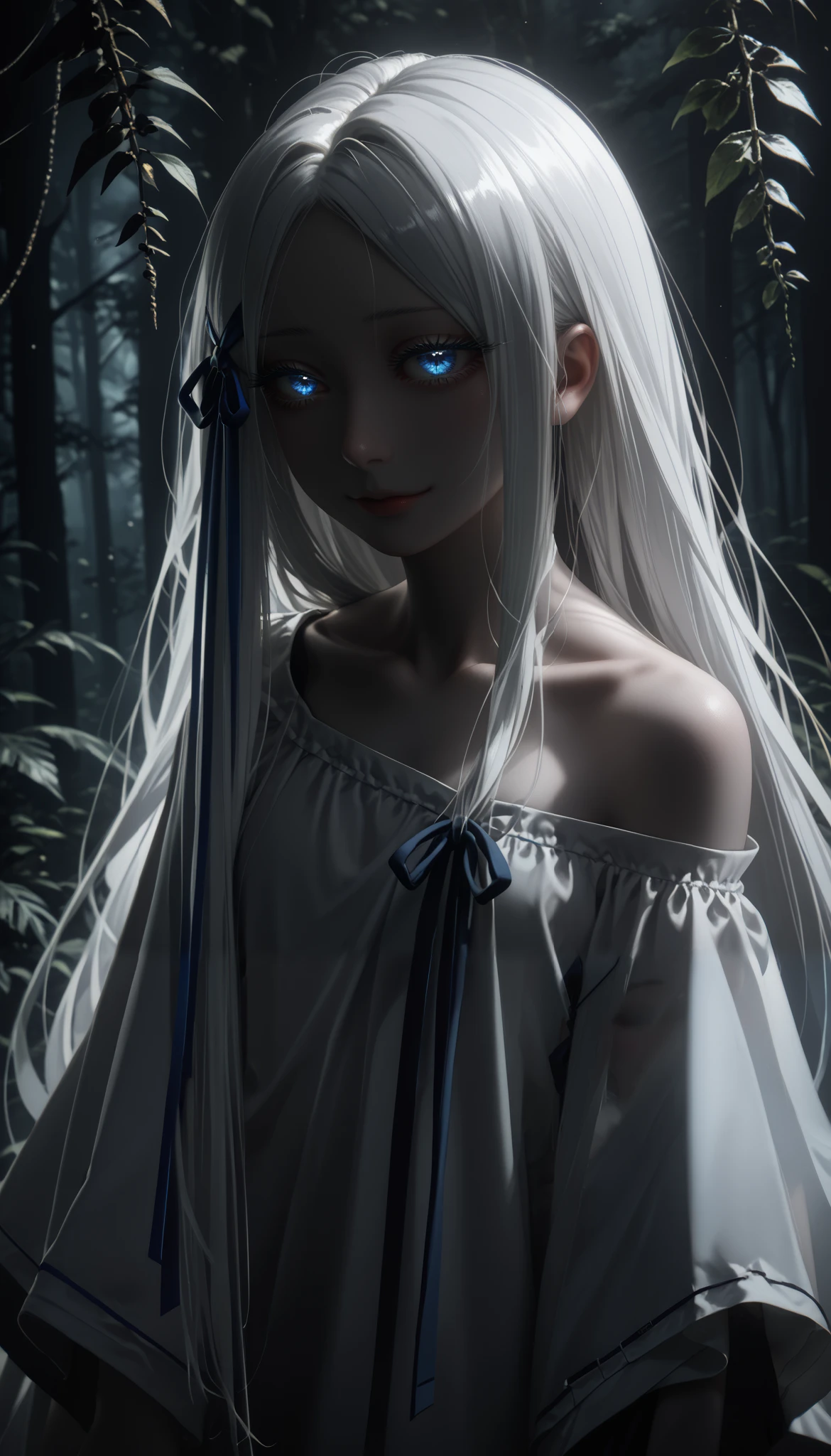 medium-up, KJOpandora, white hair, blue eyes, parted bangs, Long eyelashes, very long hair, hair ribbon, half-closed eyes, pale skin, сonfident gaze, luminous eyes, white dress, off shoulder, , tall trees, sweet smile, dense dark forest, thin, vegetation