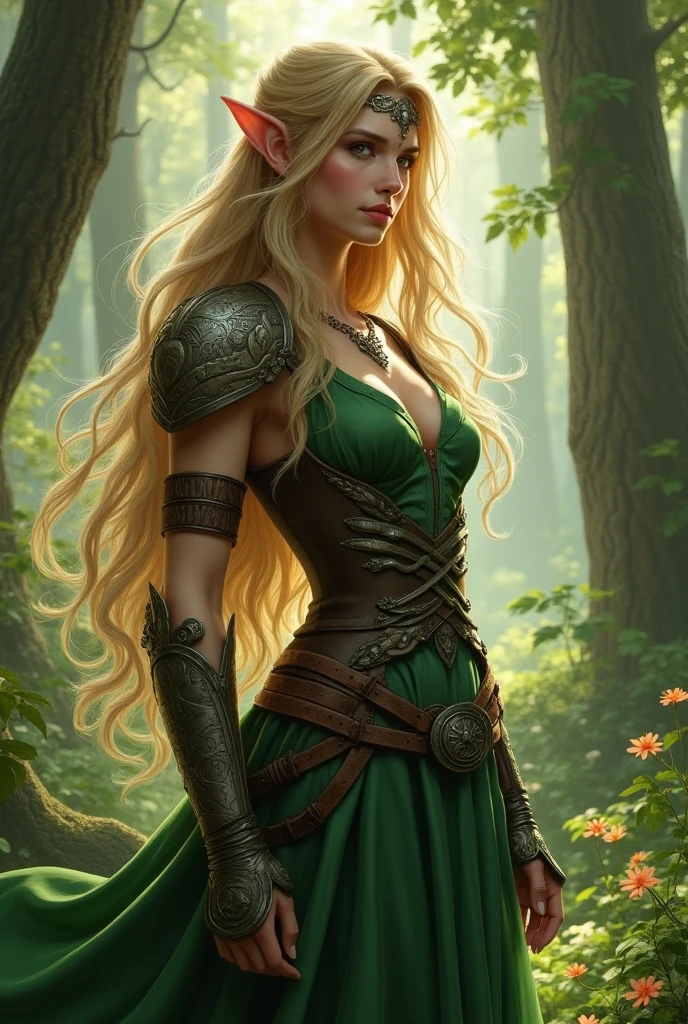 3d render, cgi, symetrical, octane render, 35mm, intricate details, hdr, intricate details, hyperdetailed, natural skin texture, hyperrealism, sharp, 1 girl, woman, (elven:0.6), portrait, looking up, solo, (full body:0.6), detailed background, brown eyes, light blonde textured hair, detailed face, robin hood, dynamic pose, medieval fantasy setting, high fantasy, green leather clothes, capelet, puch, straps, belt, serene forest, bushes, ivy, roots, moss, falling leaves, flowers, birds, feathers, sunshine, mist