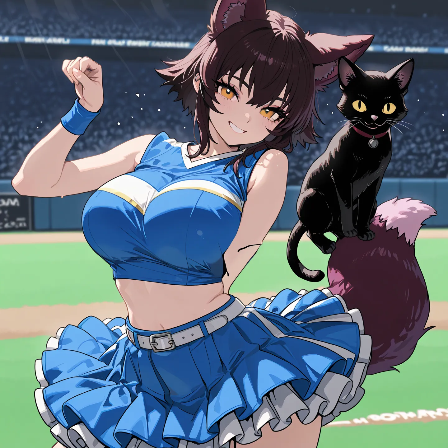 Anime girl in a blue dress with a black cat on her shoulder - SeaArt AI