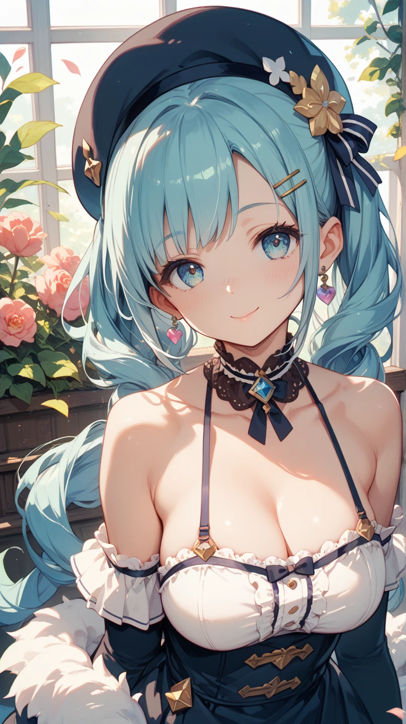 小さなgirl、Face photo、Face up、The arrival of spring、big ass、 (alone:1.5,)Super detailed,bright colors, very beautiful detailed anime face and eyes, look straight, ;d, shiny_skin,girl, ((Turquoise long hair,The inner color is red 、forehead is exposed.、green eyes、、shiny hair, delicate beautiful face, blush、(turquoise eyes), White skin, Valletta, earrings,、blue flower field、(((Floral pink.one piece)))、twin tails、smile、smile、Face dyed red、Face-centered、pantyhose