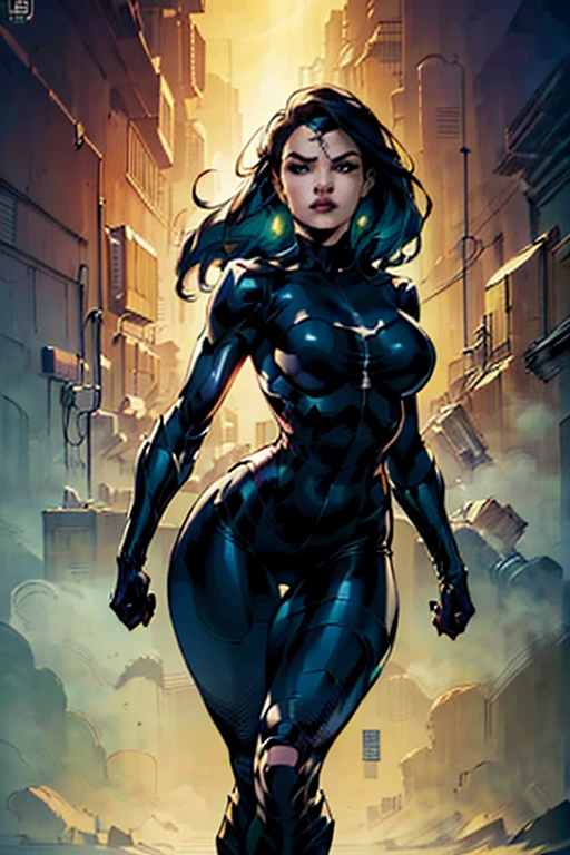 Artistic image of a woman, peituda, Lindos Seios Grandes, por artgerm, Louis Royo, Boris Vallejo, foco extremo, sharp details, Sensual, pele oleosa, Sensual, danadinho, dynamic pose, 8K, night time, (Cool superhero pose), detalhado pupils, Obra de arte, melhor qualidade, detalhado, Estilo de quadrinhos, (olhando para o espectador:1.25), 25 anos de idade, cabelo vermelho, olhos amarelos,Rosto perfeito, Olhos amarelos brilhantes, olhando para o espectador,heroic pose, foreshortening, profundidade, poses variadas