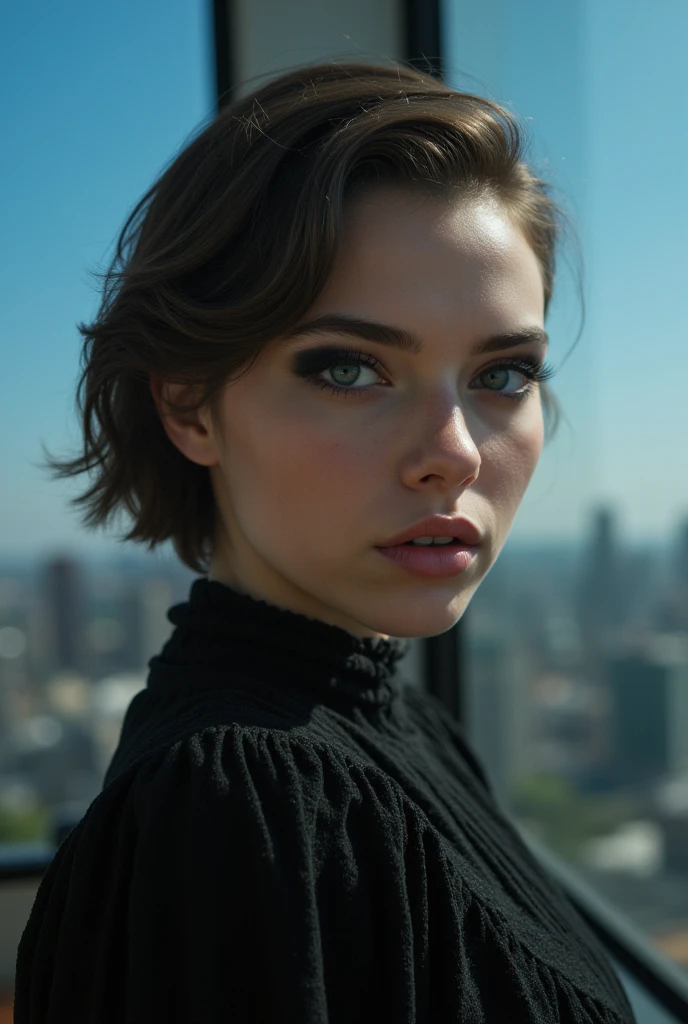 Realistic picture of a Savage alluring 21yo girl tomboy, (light eyes:1.2), short red black hair, natural beauty, wearing modern stylish costume, very detailed face, seductive lady, smirk, natural lighting,  highly detailed, high quality  <lora:ReaLora:0.7>, photograph of a Fashion model, full body, highly detailed and intricate, golden ratio, vibrant colors, hyper maximalist, futuristic, city background, luxury, elite, cinematic, fashion, depth of field, colorful, glow, trending on artstation, ultra high d<lora:epi_noiseoffset2:1><lora:epi_noiseoffset2:1>