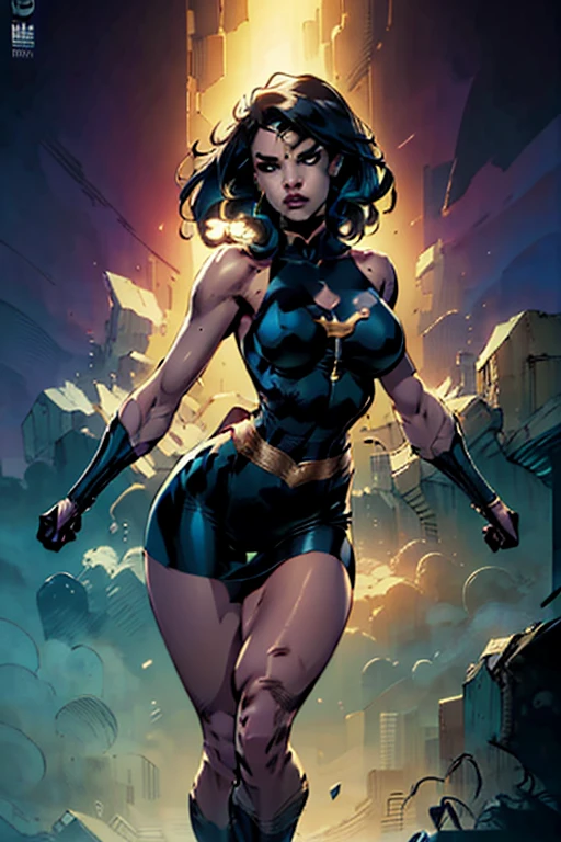 ((masterpiece)), ((best quality)), ((highres)), beautiful woman, splash art, 8K, solo, superhero, bare legs, (tight leotard: 1), hands on hip, city backdrop, knee boots, (perfect hands: 1), sparkling aura, light particles