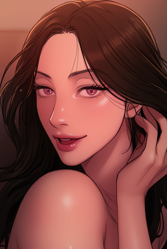 Amazing portrait of a woman who is 30 years old and an adult and a sexy woman with her eyes closed and her mouth open with a very deep blush and the tip of her nose is red having a long neck emphasised by her off shoulder pink sweater showcasing her medium chest with visible cleavage in her bedroom with warm lighting as she's lying on her bed with her head on the pillow facing up during night time with soft lighting showcasing her red lips and her beautiful face in detail and close up